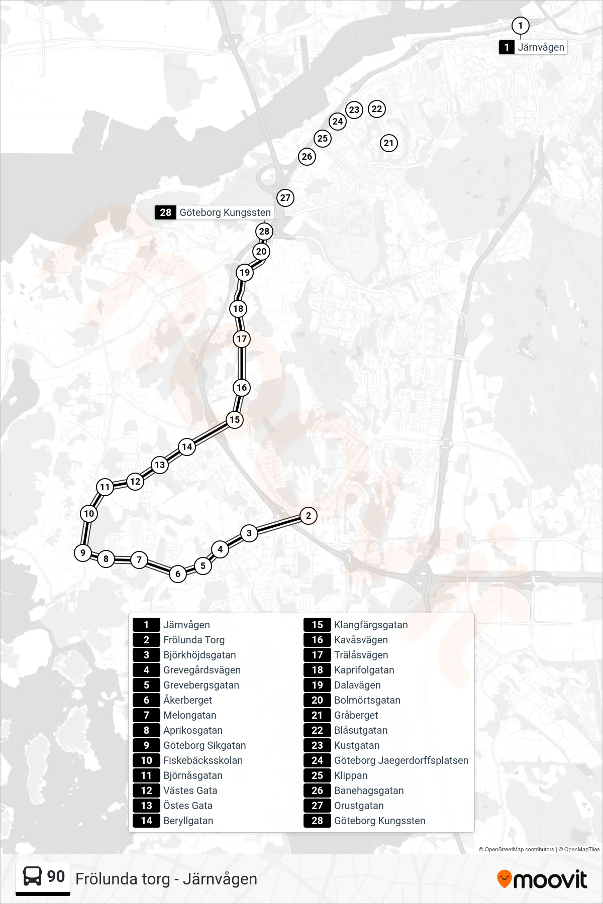 Rutt och hållplatser på karta för linje 90 spårvagn, (Göteborg Kungssten)