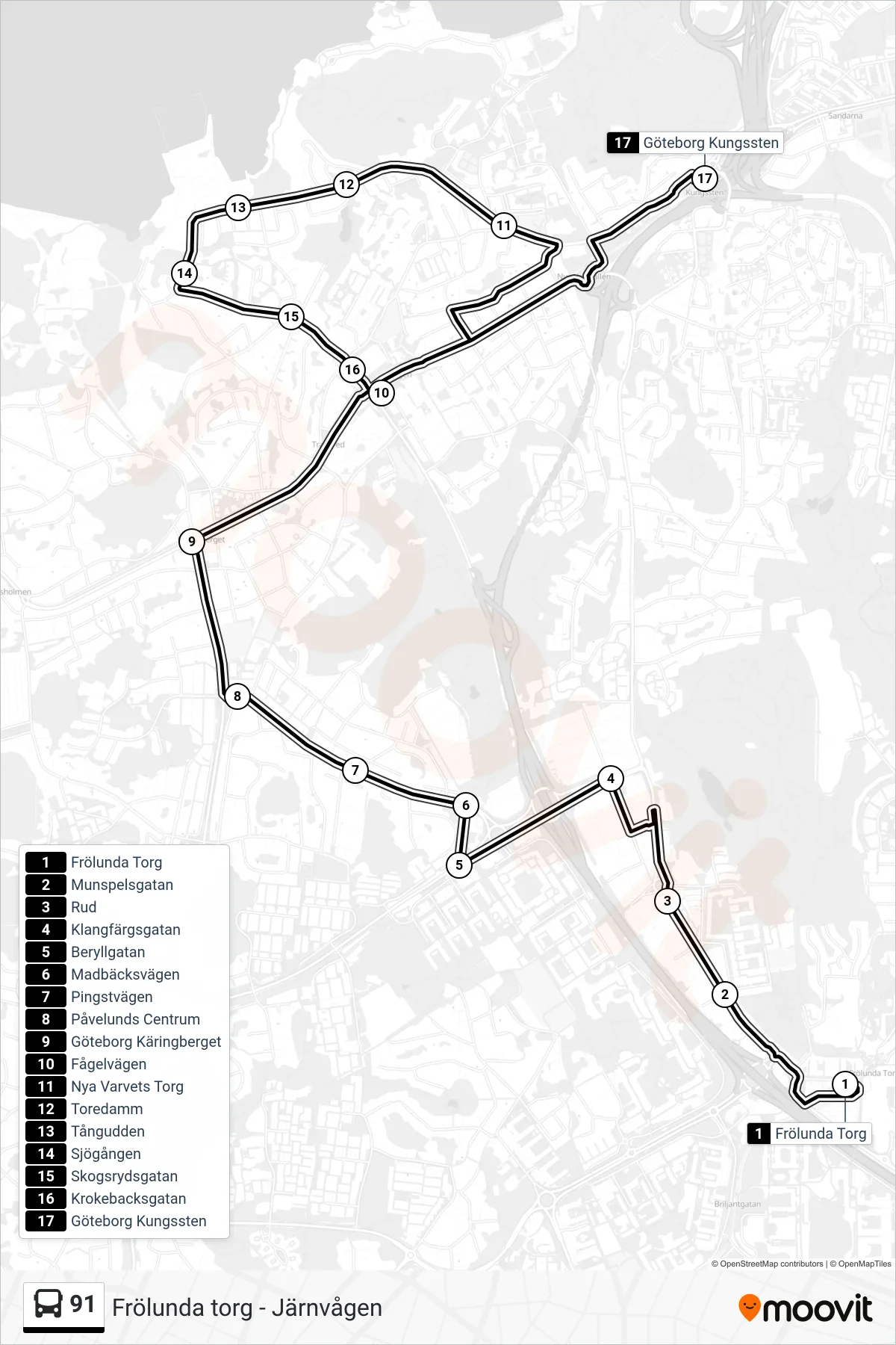 Rutt och hållplatser på karta för linje 91  spårvagn, (Göteborg Kungssten)