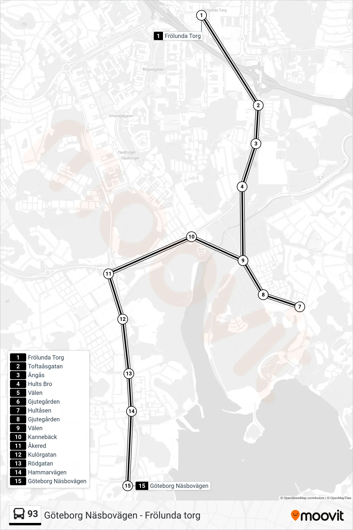 Rutt och hållplatser på karta för linje 93 spårvagn, (Göteborg Näsbovägen)
