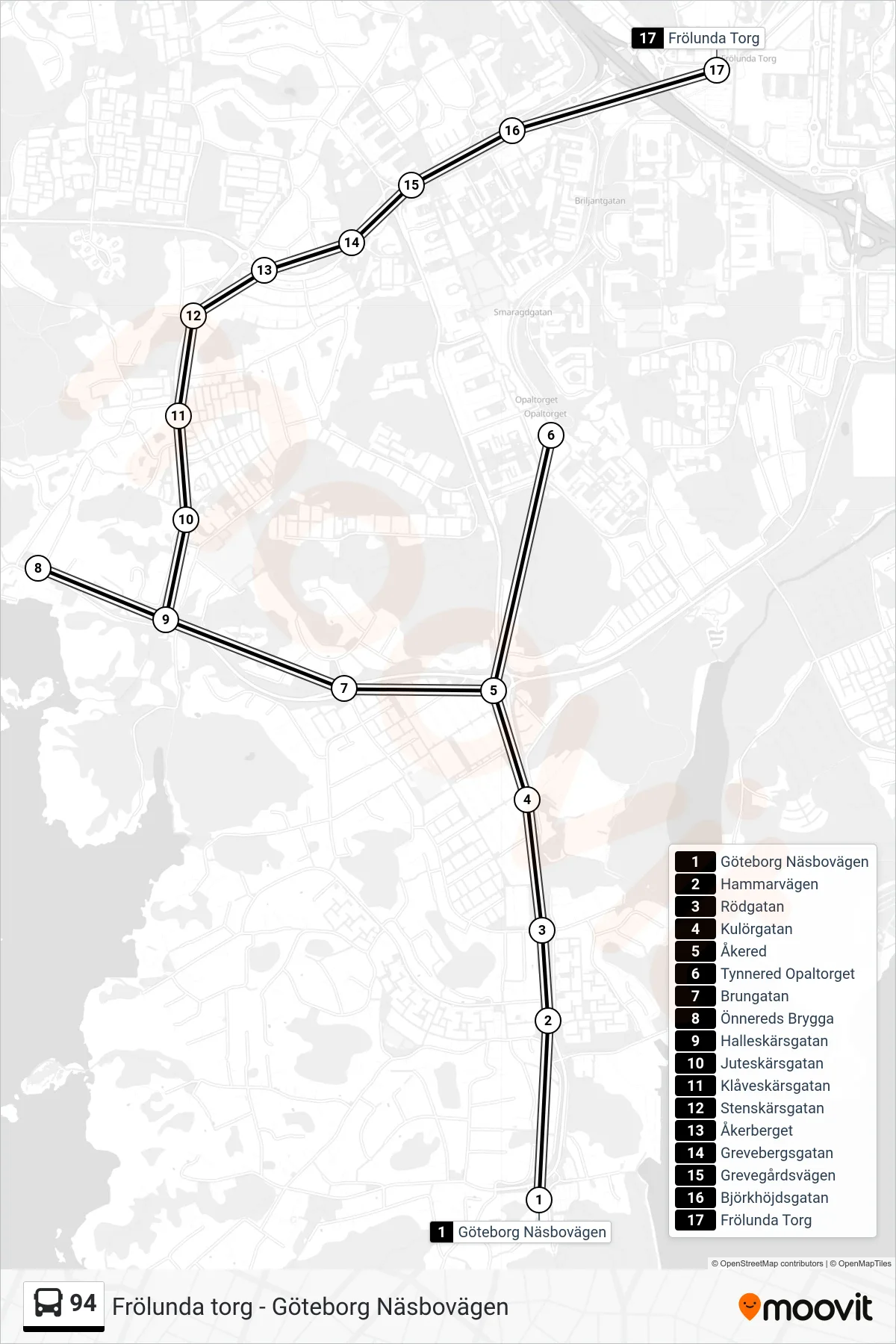 Rutt och hållplatser på karta för linje 94  spårvagn, (Frölunda Torg)