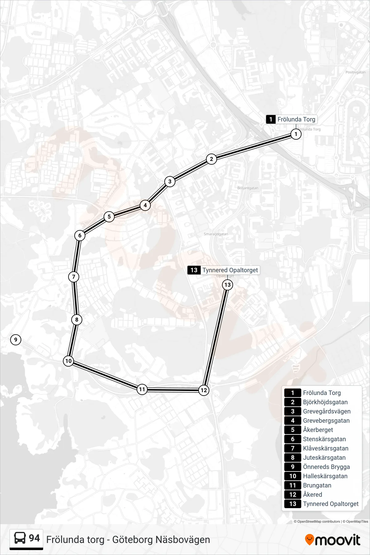 Rutt och hållplatser på karta för linje 94 spårvagn, (Tynnered Opaltorget)