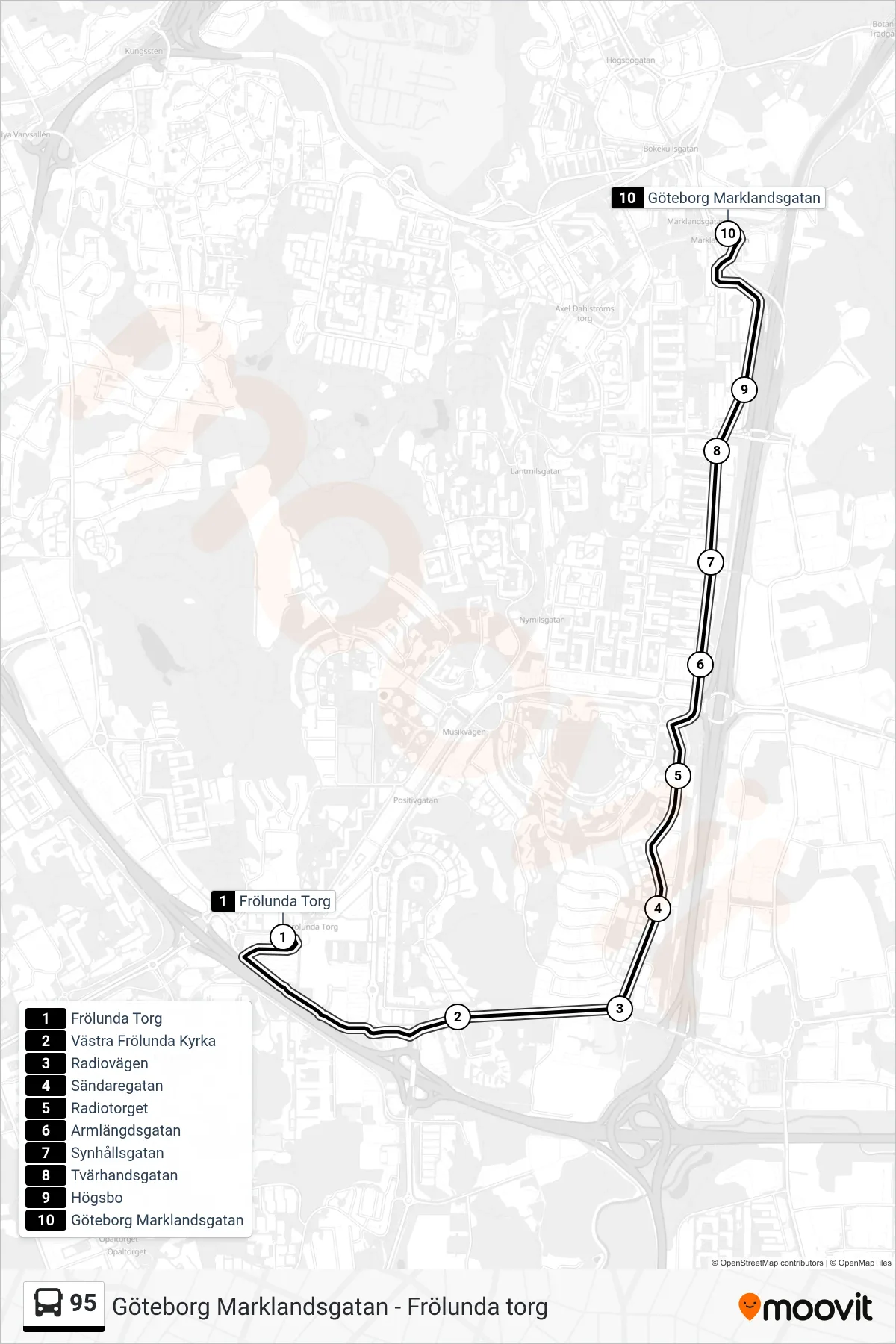 Rutt och hållplatser på karta för linje 95  spårvagn, (Göteborg Marklandsgatan)