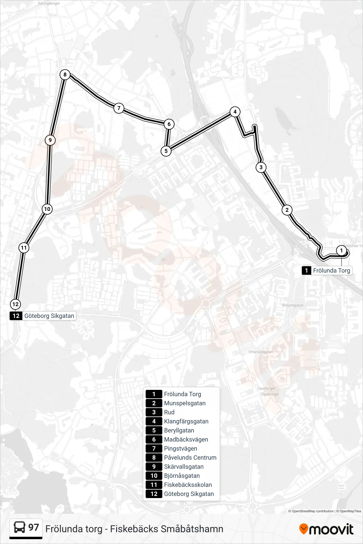 Rutt och hållplatser på karta för linje 97 spårvagn, (Göteborg Sikgatan)