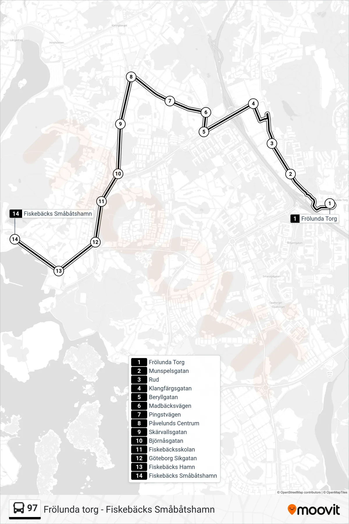 Rutt och hållplatser på karta för linje 97 spårvagn, (Fiskebäcks Småbåtshamn)