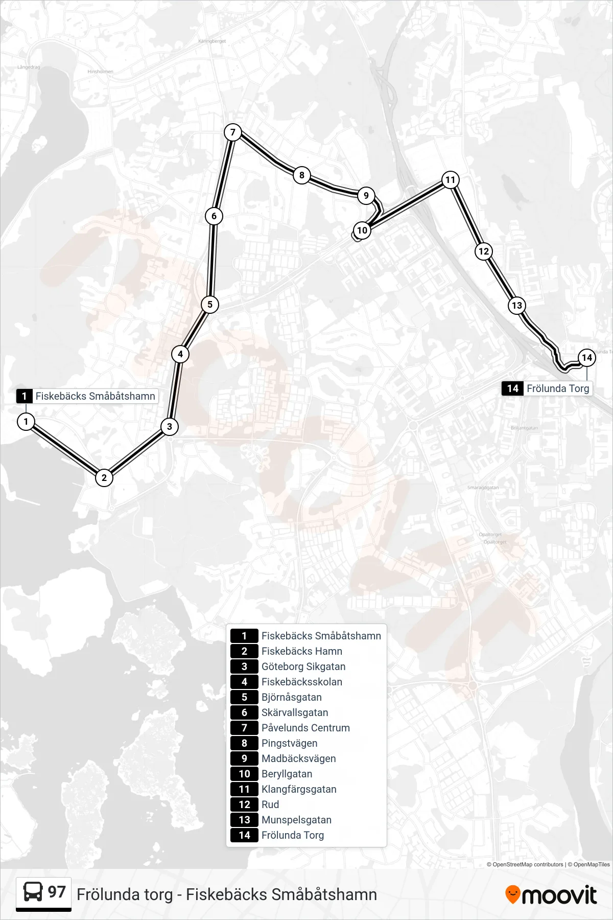 Rutt och hållplatser på karta för linje 97  spårvagn, (Frölunda Torg)