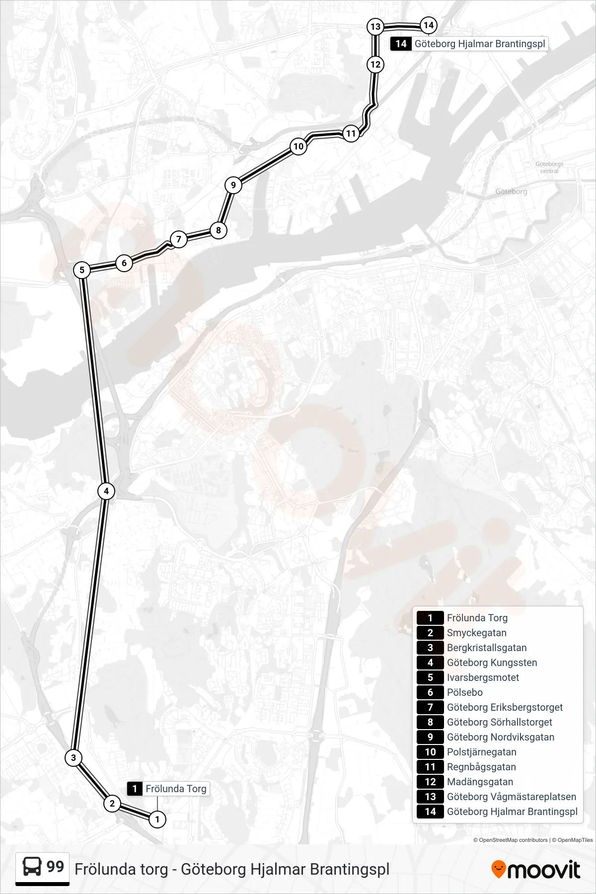 Rutt och hållplatser på karta för linje 99 spårvagn, (Göteborg Hjalmar Brantingspl)