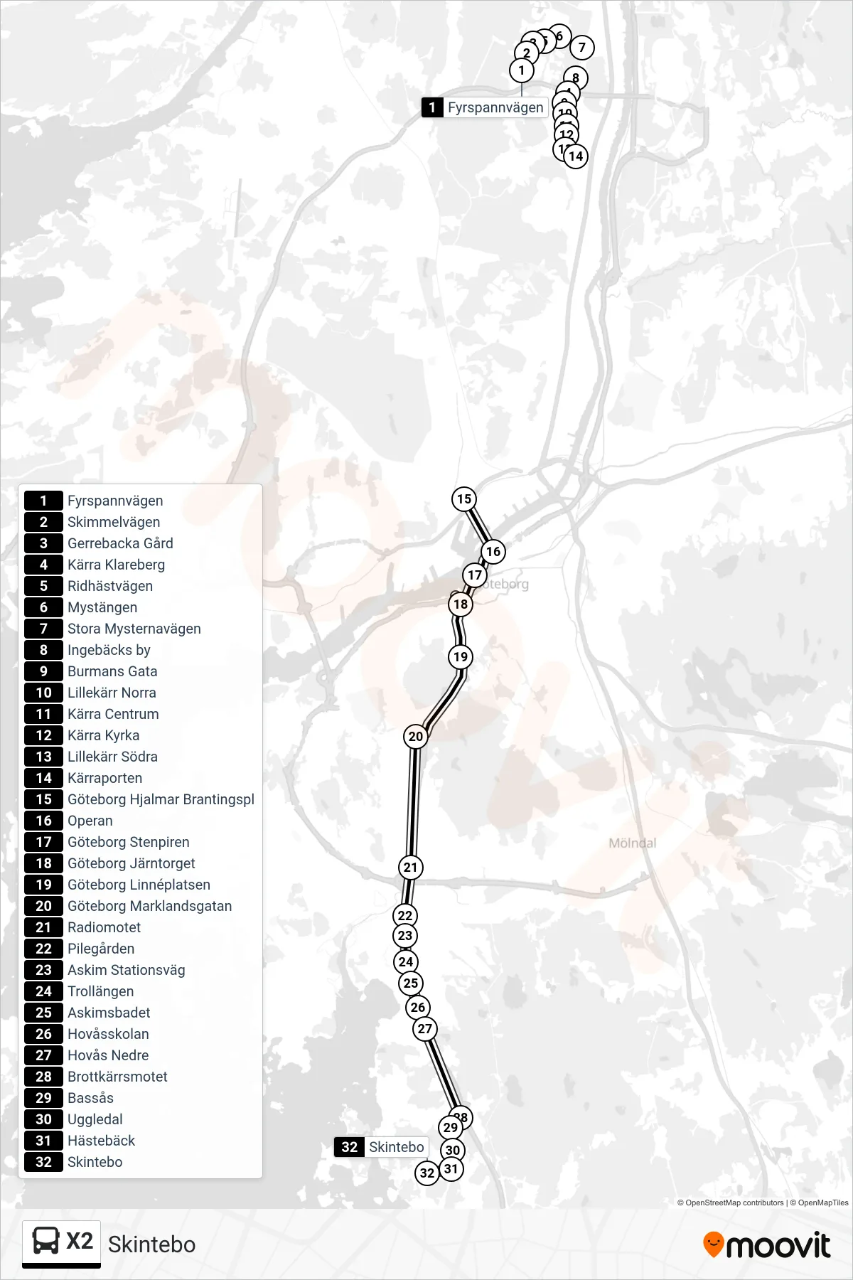 Rutt och hållplatser på karta för linje X2  spårvagn, (Skintebo)