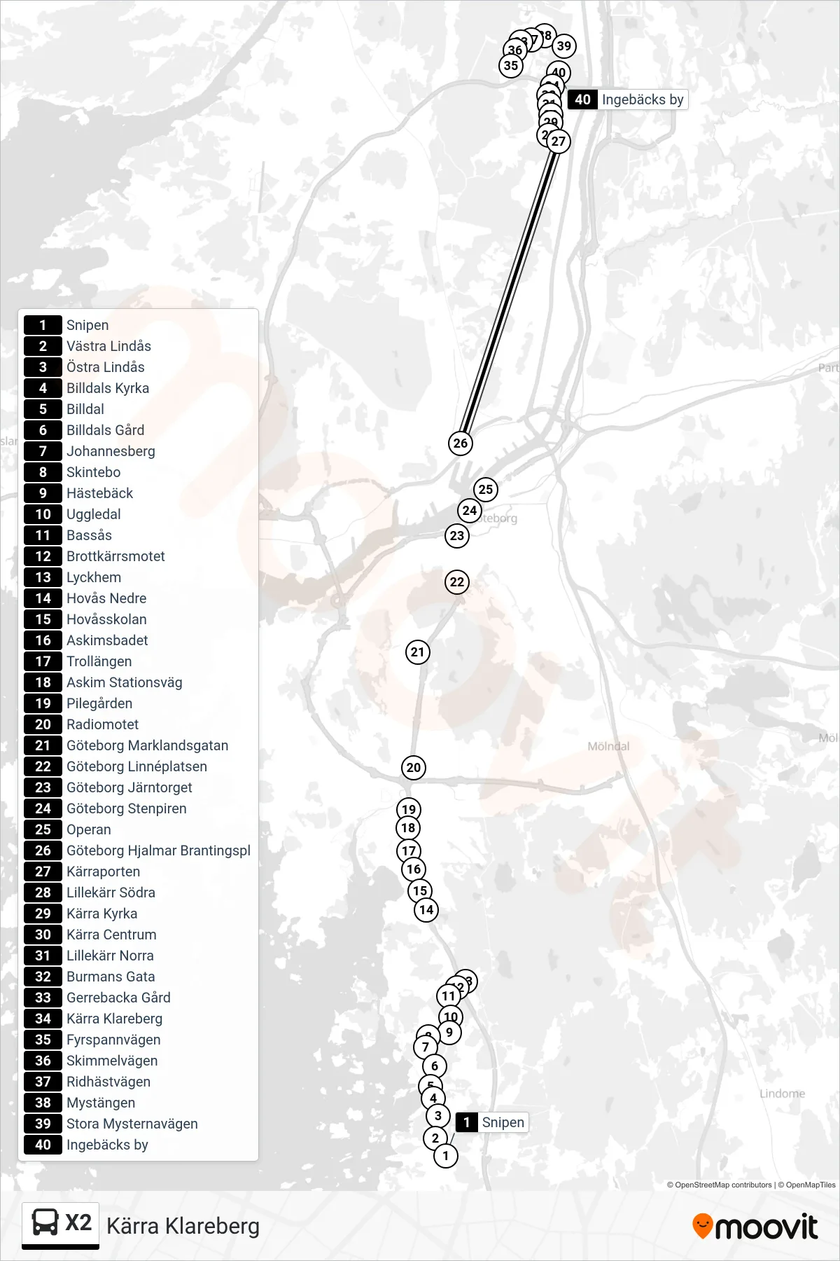 Rutt och hållplatser på karta för linje X2 spårvagn, (Kärra Klareberg)