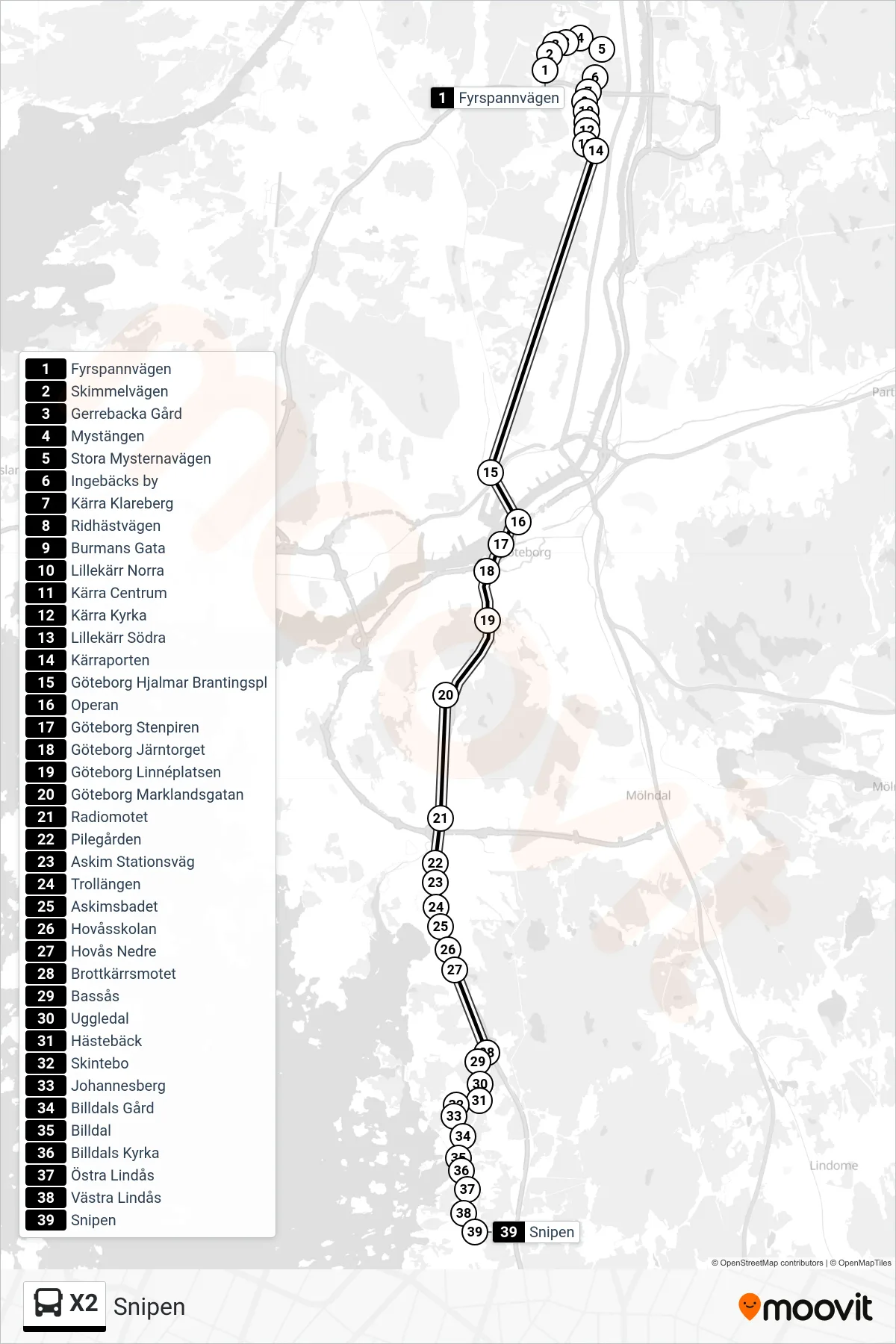 Rutt och hållplatser på karta för linje X2 spårvagn, (Snipen)
