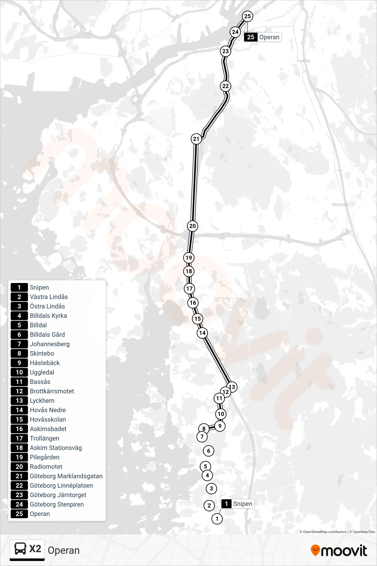 Rutt och hållplatser på karta för linje X2 spårvagn, (Operan)
