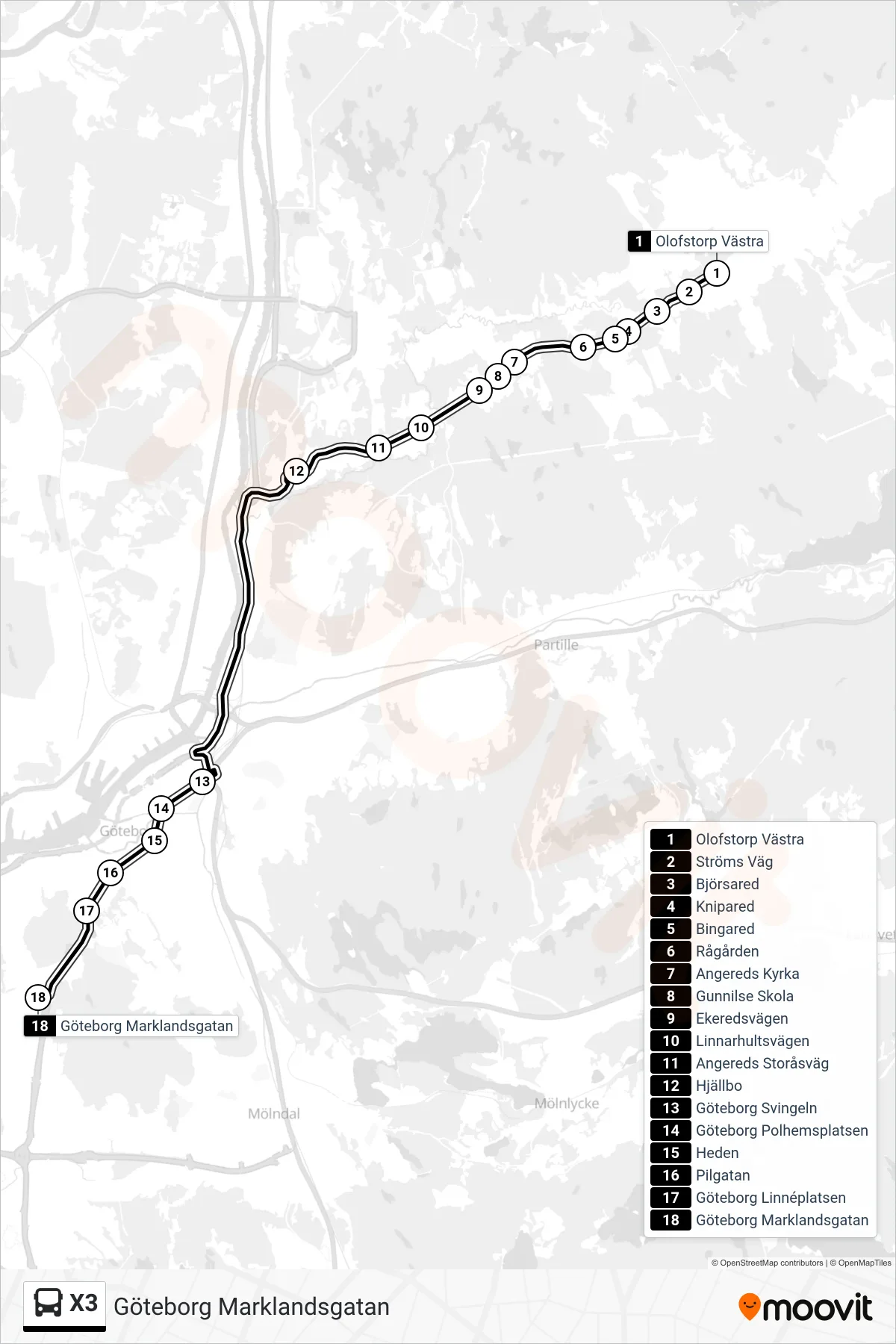 Rutt och hållplatser på karta för linje X3 spårvagn, (Göteborg Marklandsgatan)