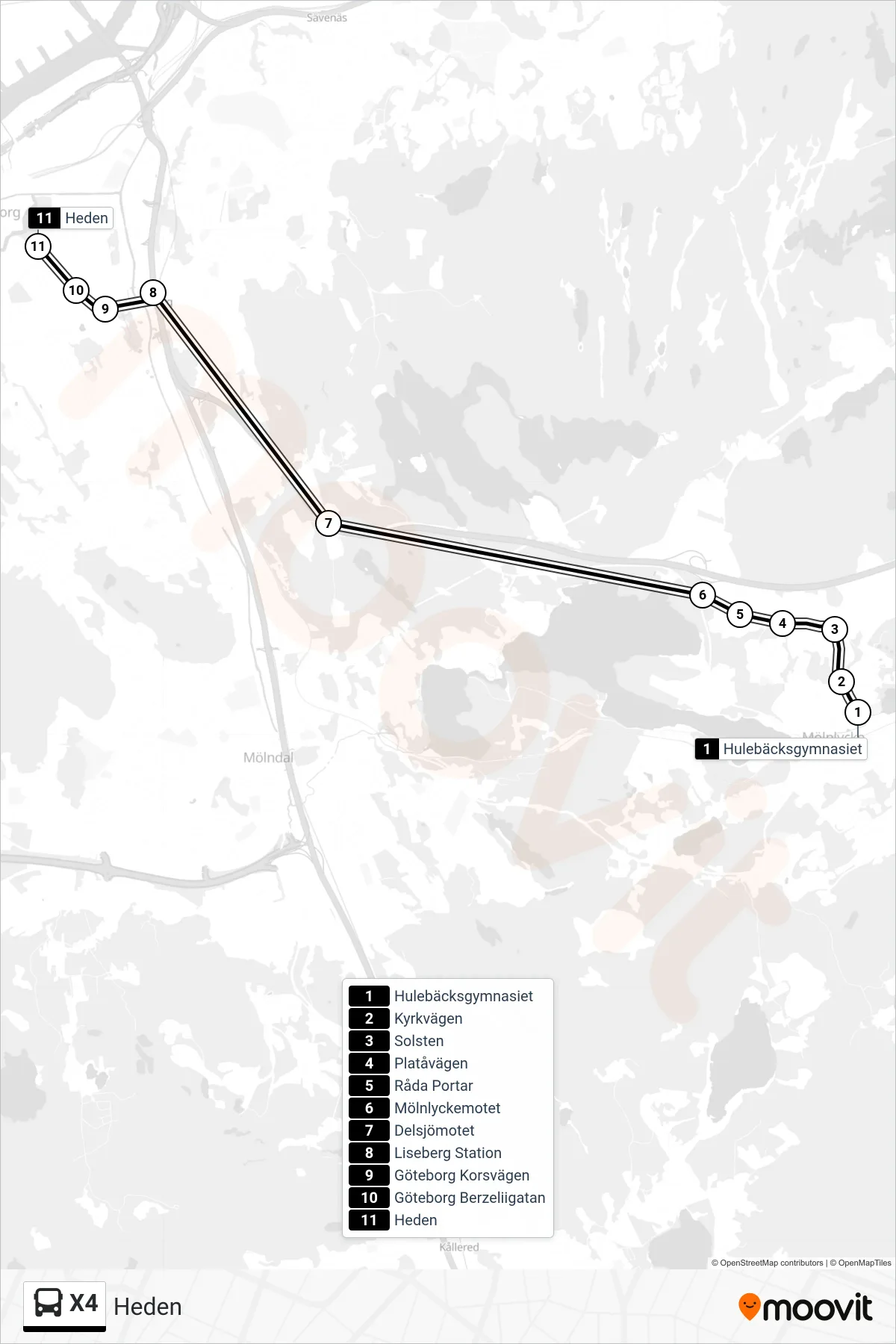Rutt och hållplatser på karta för linje X4 spårvagn, (Heden)