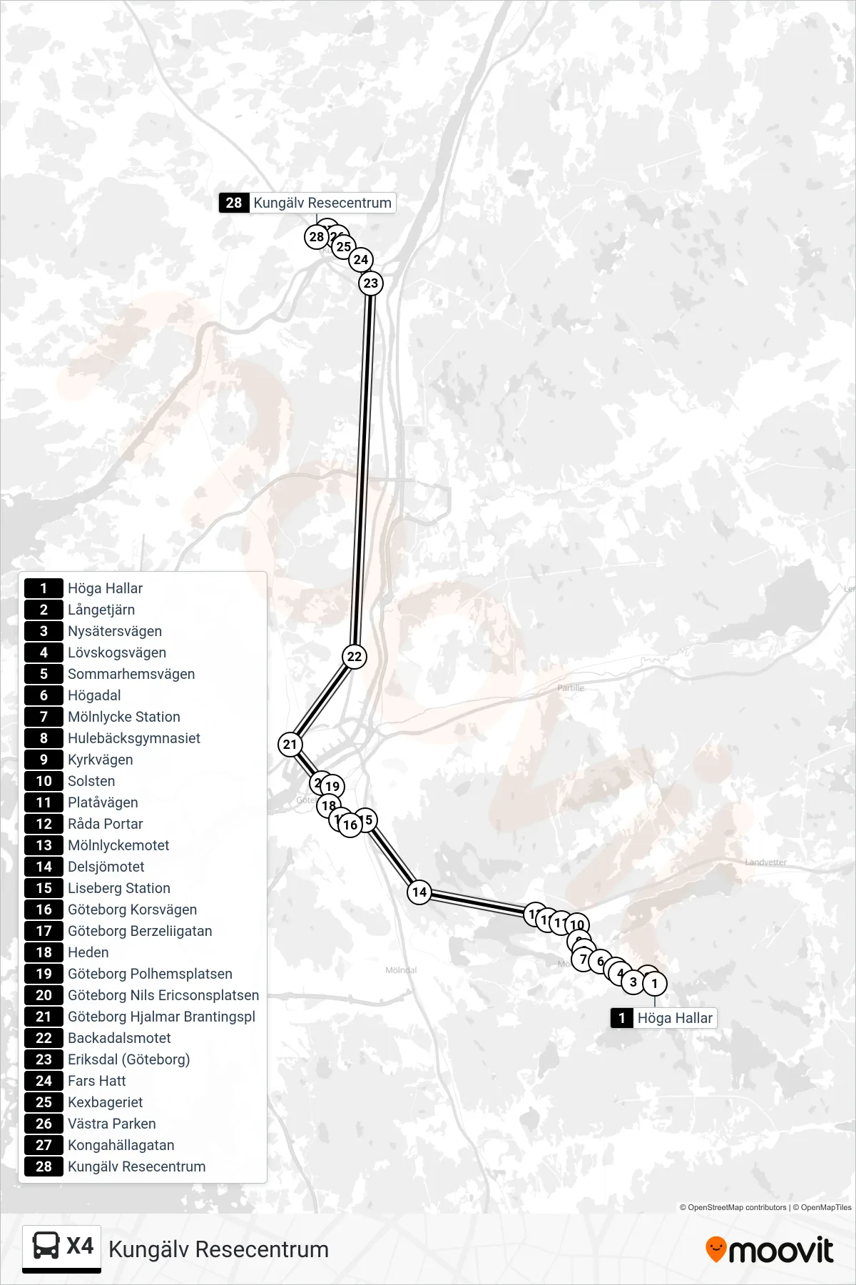 Rutt och hållplatser på karta för linje X4  spårvagn, (Kungälv Resecentrum)