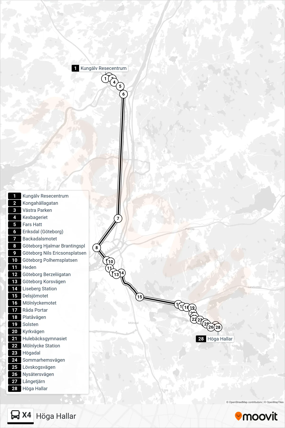 Rutt och hållplatser på karta för linje X4 spårvagn, (Höga Hallar)