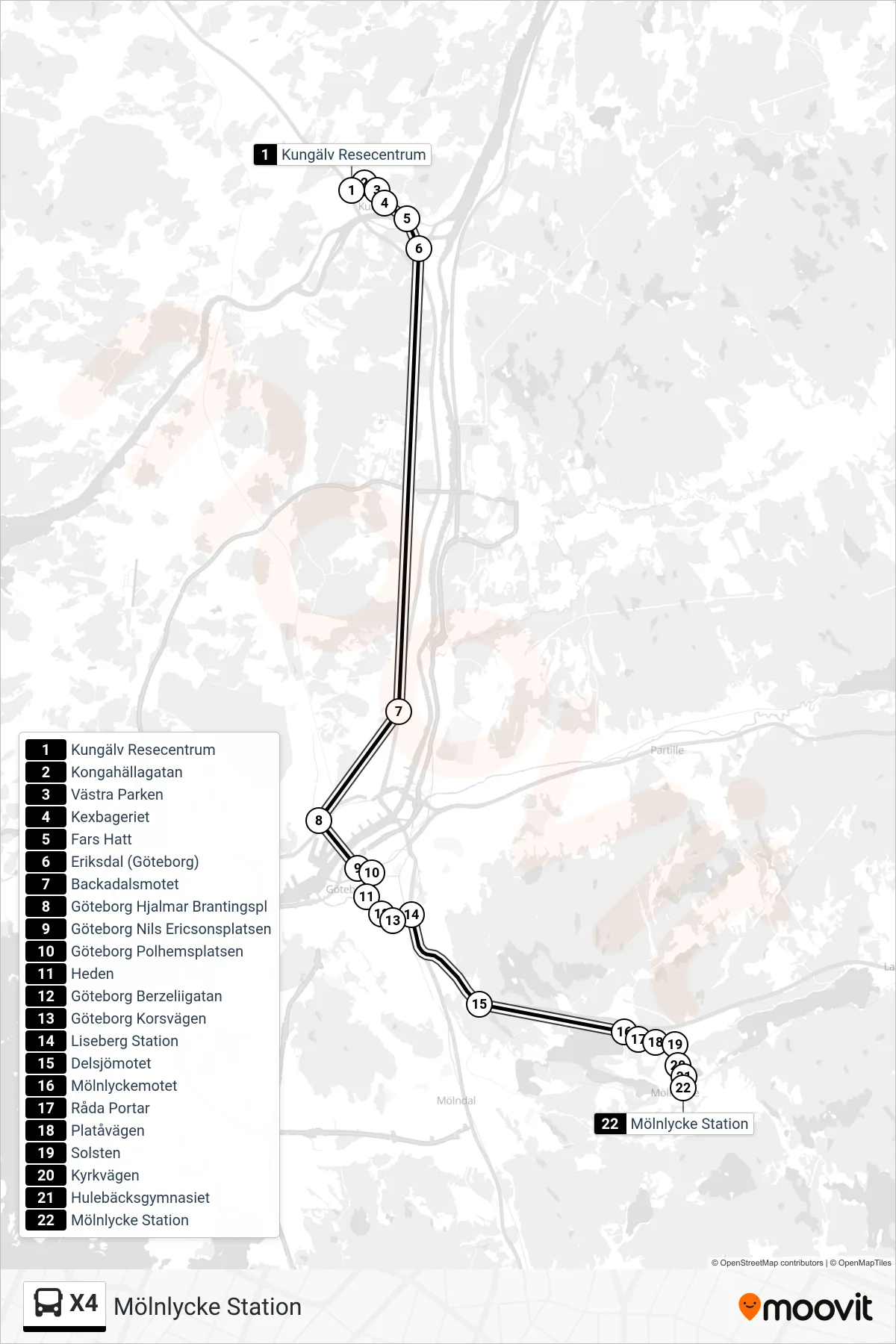 Rutt och hållplatser på karta för linje X4 spårvagn, (Mölnlycke Station)