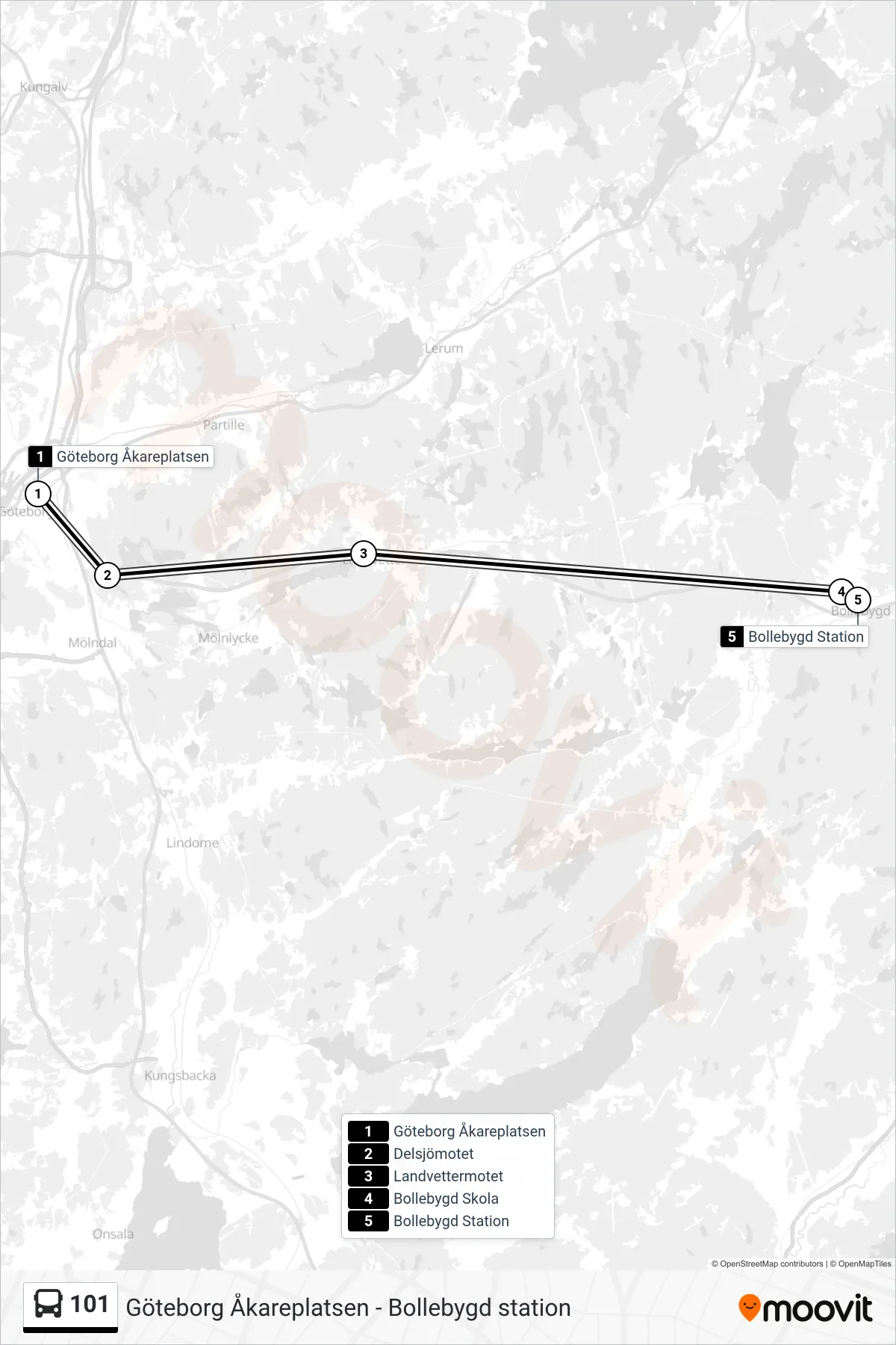 Rutt och hållplatser på karta för linje 101 spårvagn, (Bollebygd Station)