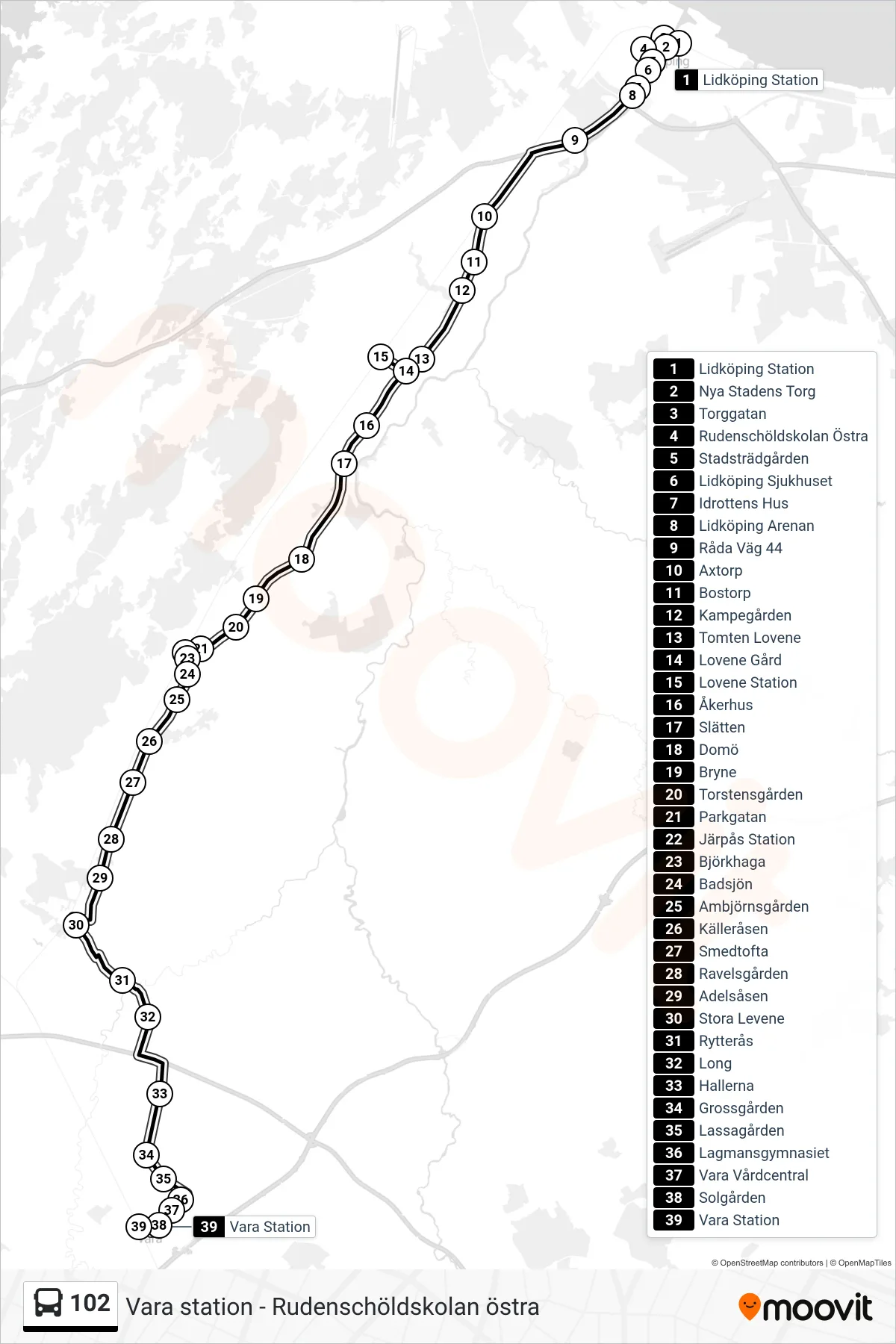 Rutt och hållplatser på karta för linje 102 spårvagn, (Vara Station)