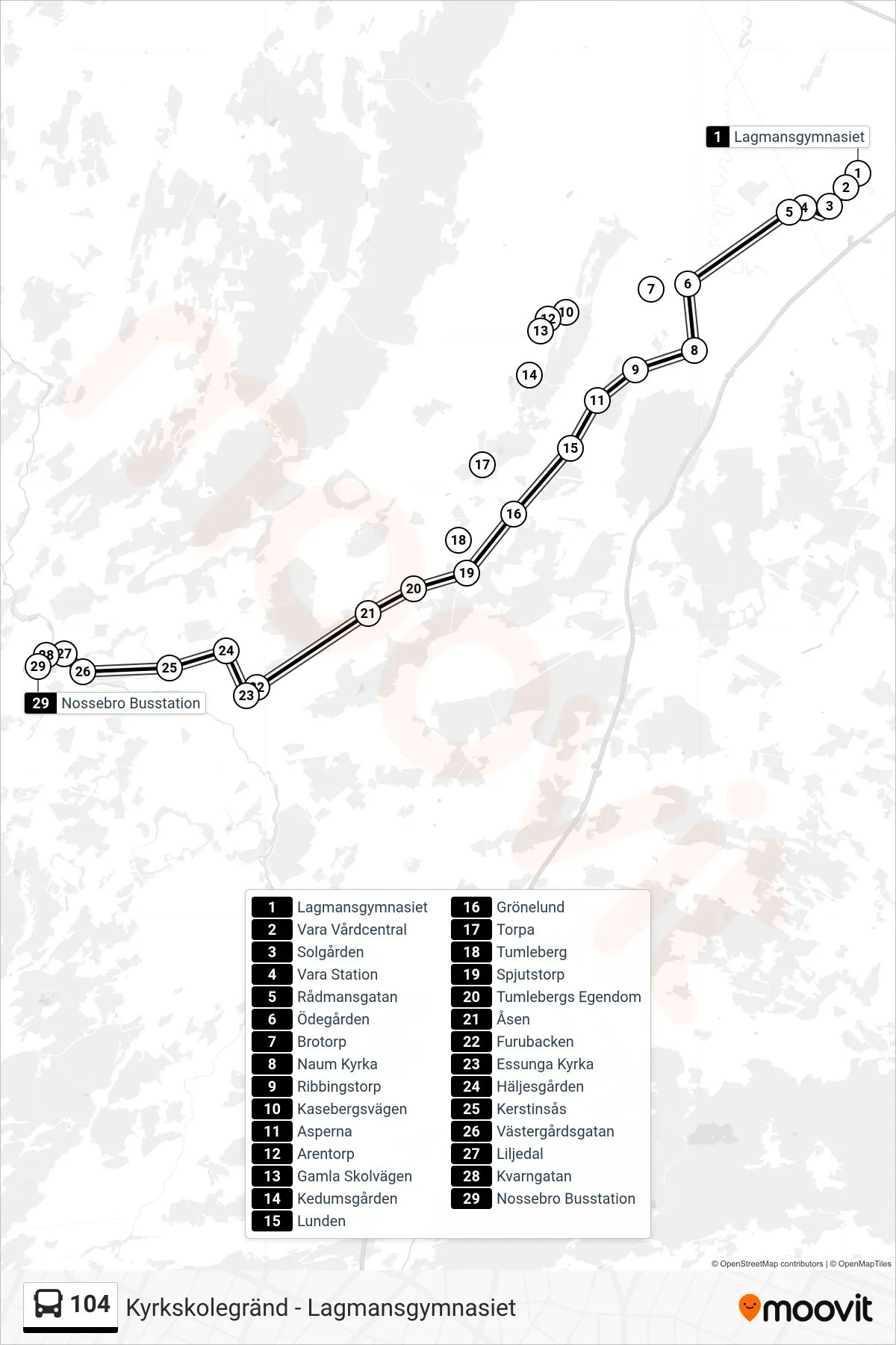 Rutt och hållplatser på karta för linje 104 spårvagn, (Nossebro Busstation)