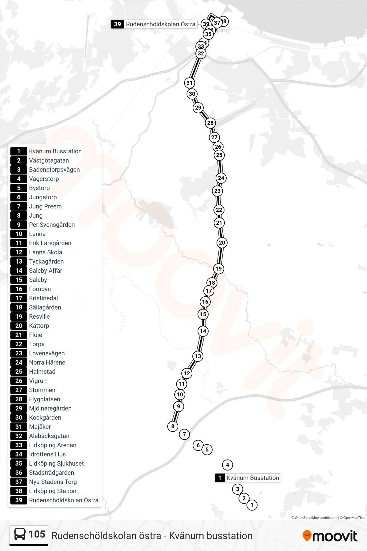 Rutt och hållplatser på karta för linje 105  spårvagn, (Rudenschöldskolan Östra)