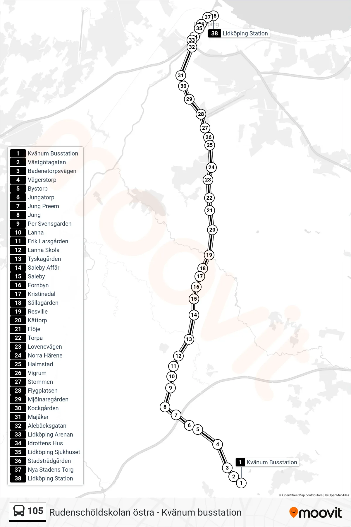 Rutt och hållplatser på karta för linje 105 spårvagn, (Lidköping Station)