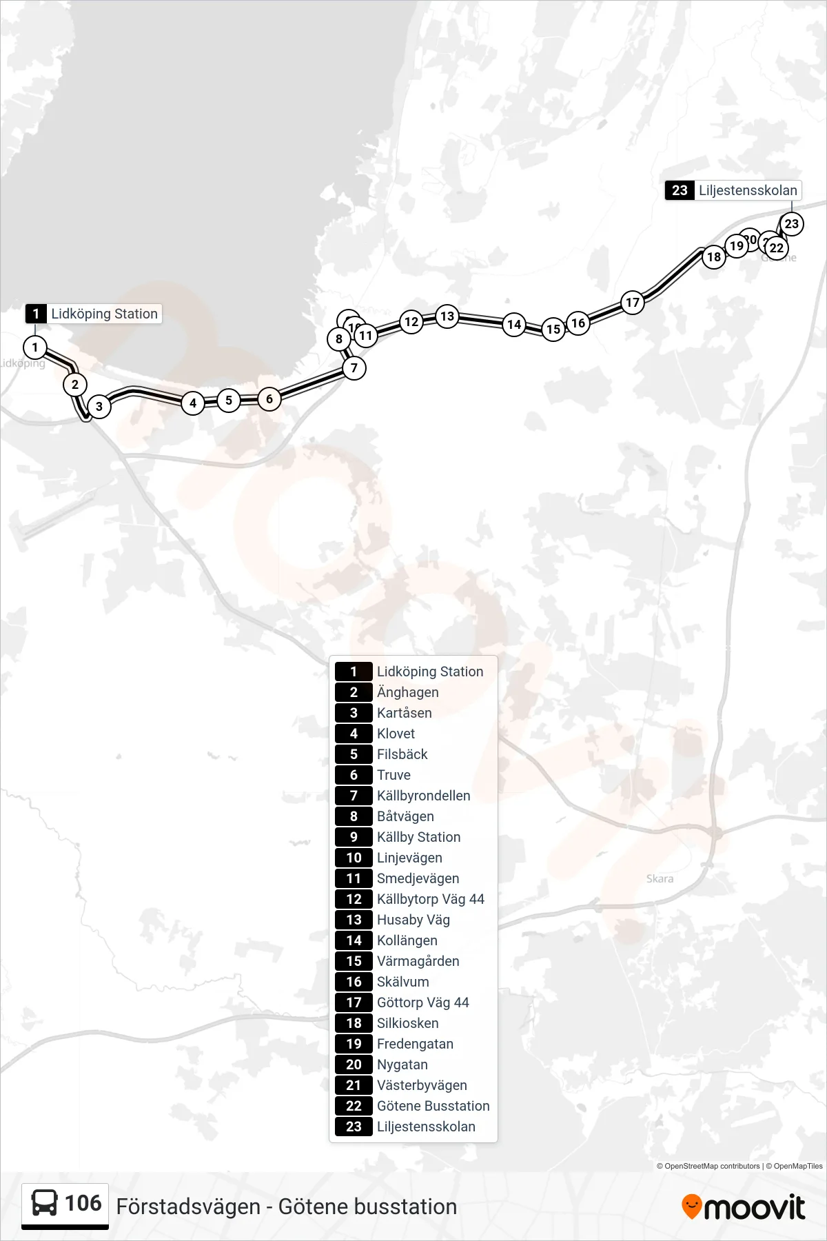 Rutt och hållplatser på karta för linje 106 spårvagn, (Liljestensskolan)