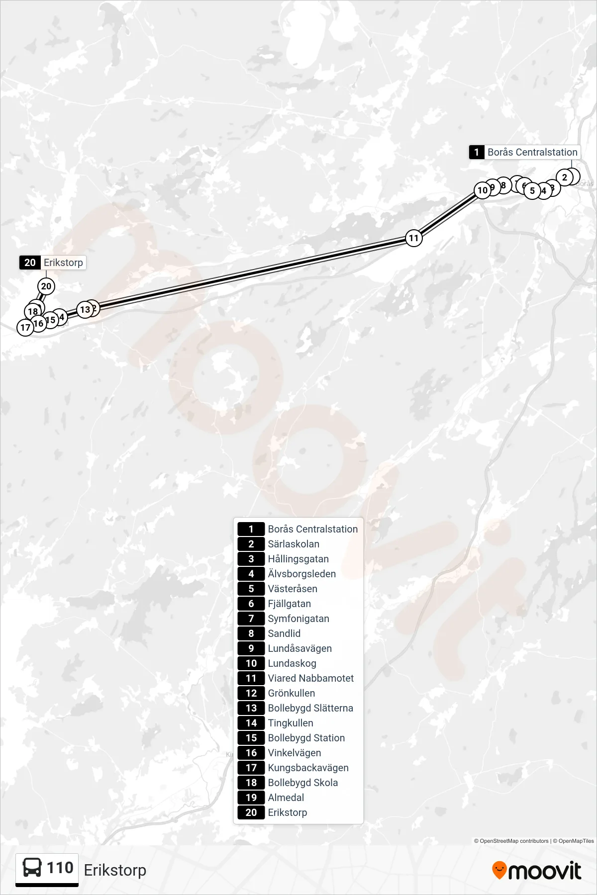 Rutt och hållplatser på karta för linje 110 spårvagn, (Erikstorp)