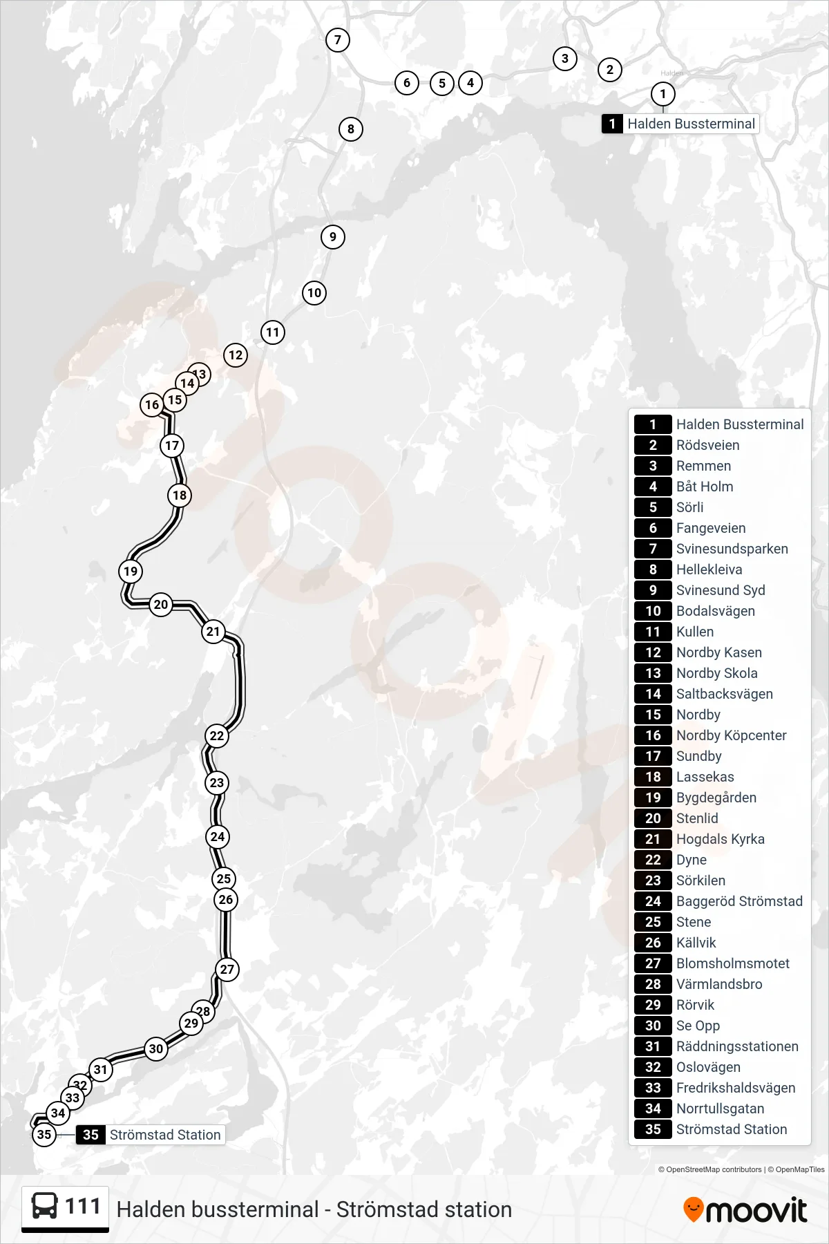 Rutt och hållplatser på karta för linje 111 spårvagn, (Strömstad Station)