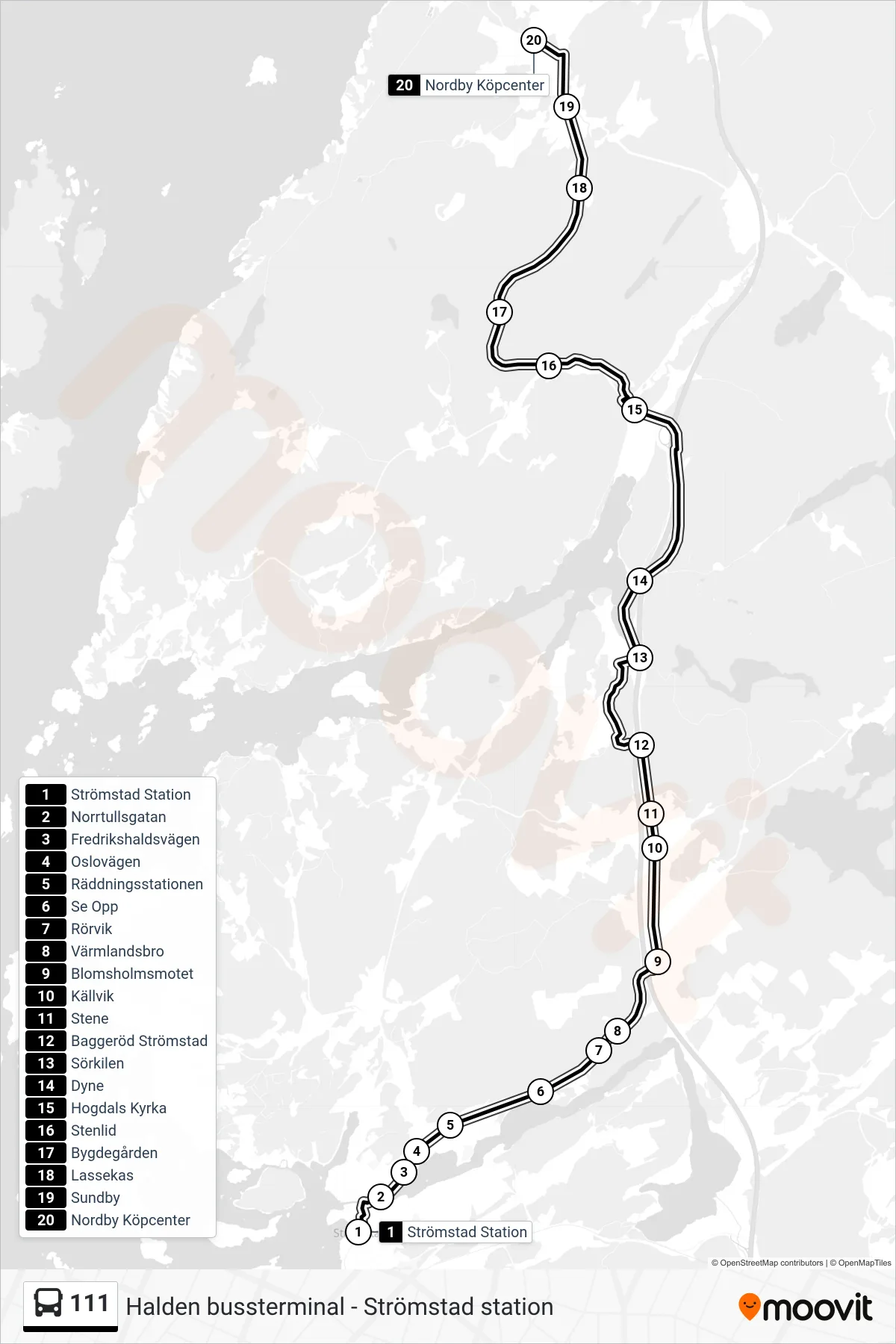 Rutt och hållplatser på karta för linje 111 spårvagn, (Nordby Köpcenter)