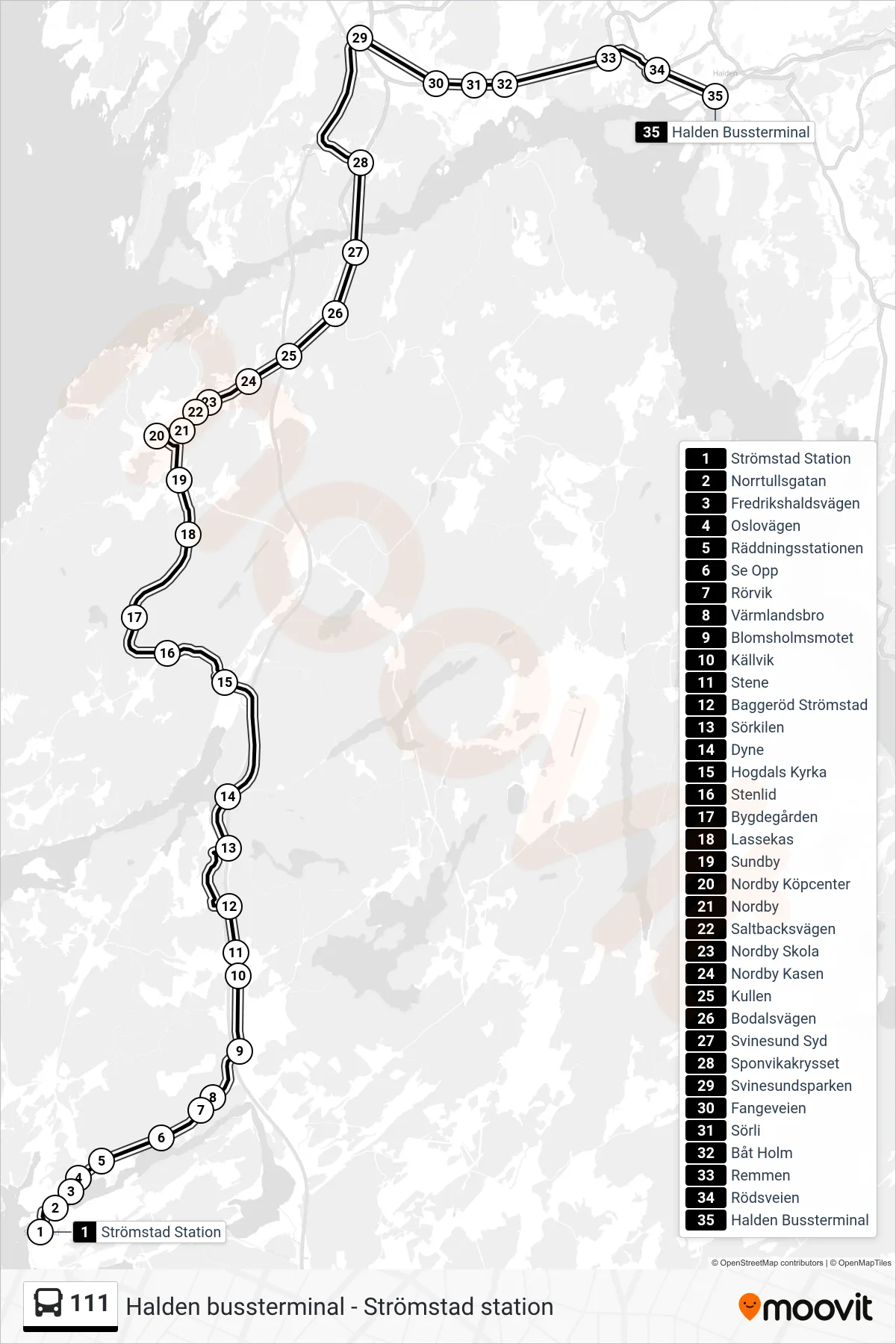 Rutt och hållplatser på karta för linje 111 spårvagn, (Halden Bussterminal)