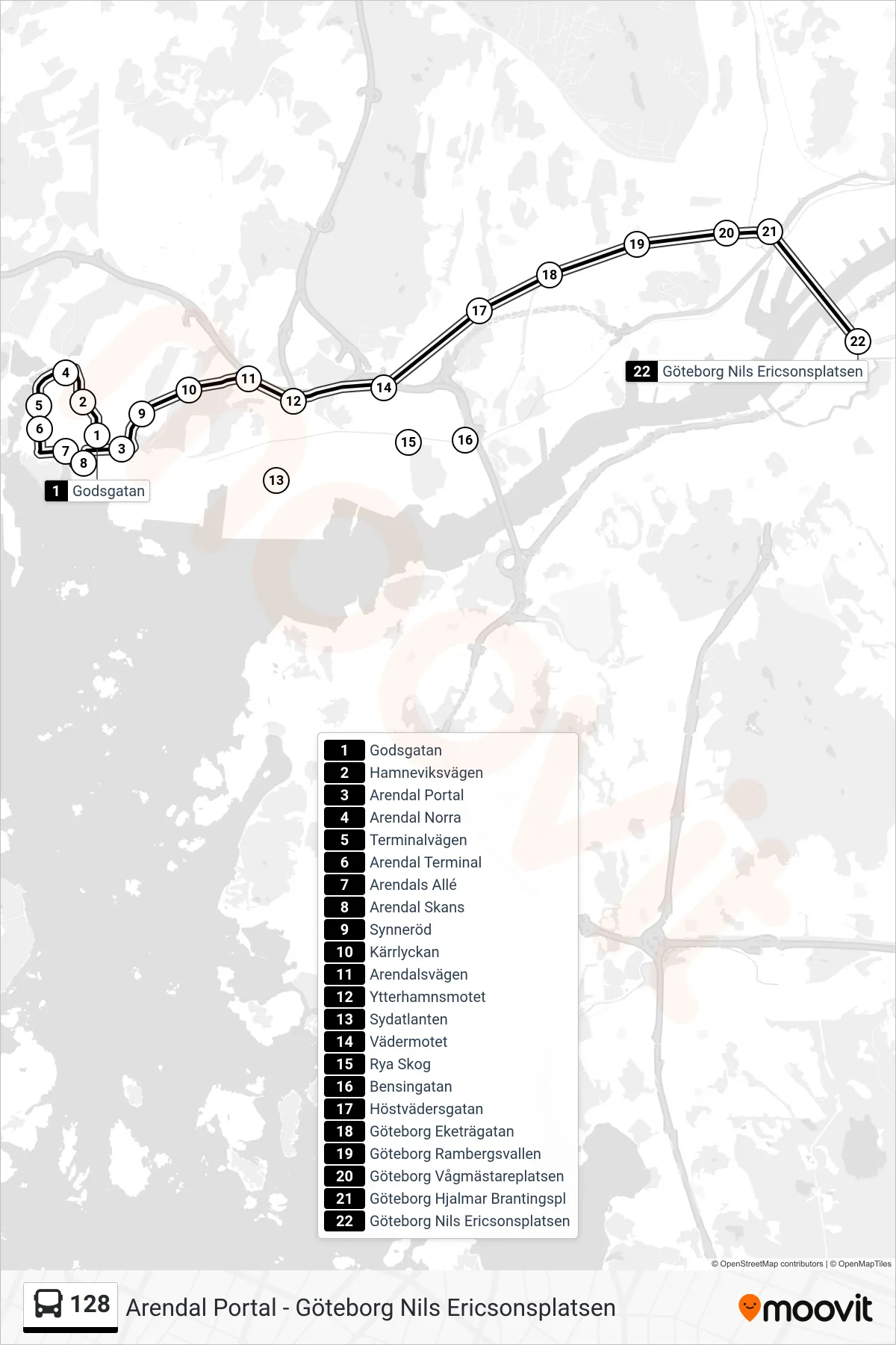 Rutt och hållplatser på karta för linje 128 spårvagn, (Göteborg Nils Ericsonsplatsen)