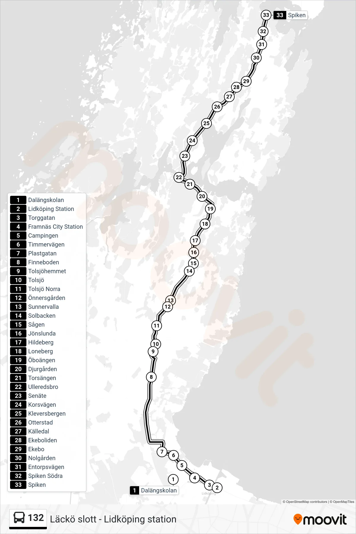 Rutt och hållplatser på karta för linje 132 spårvagn, (Spiken)