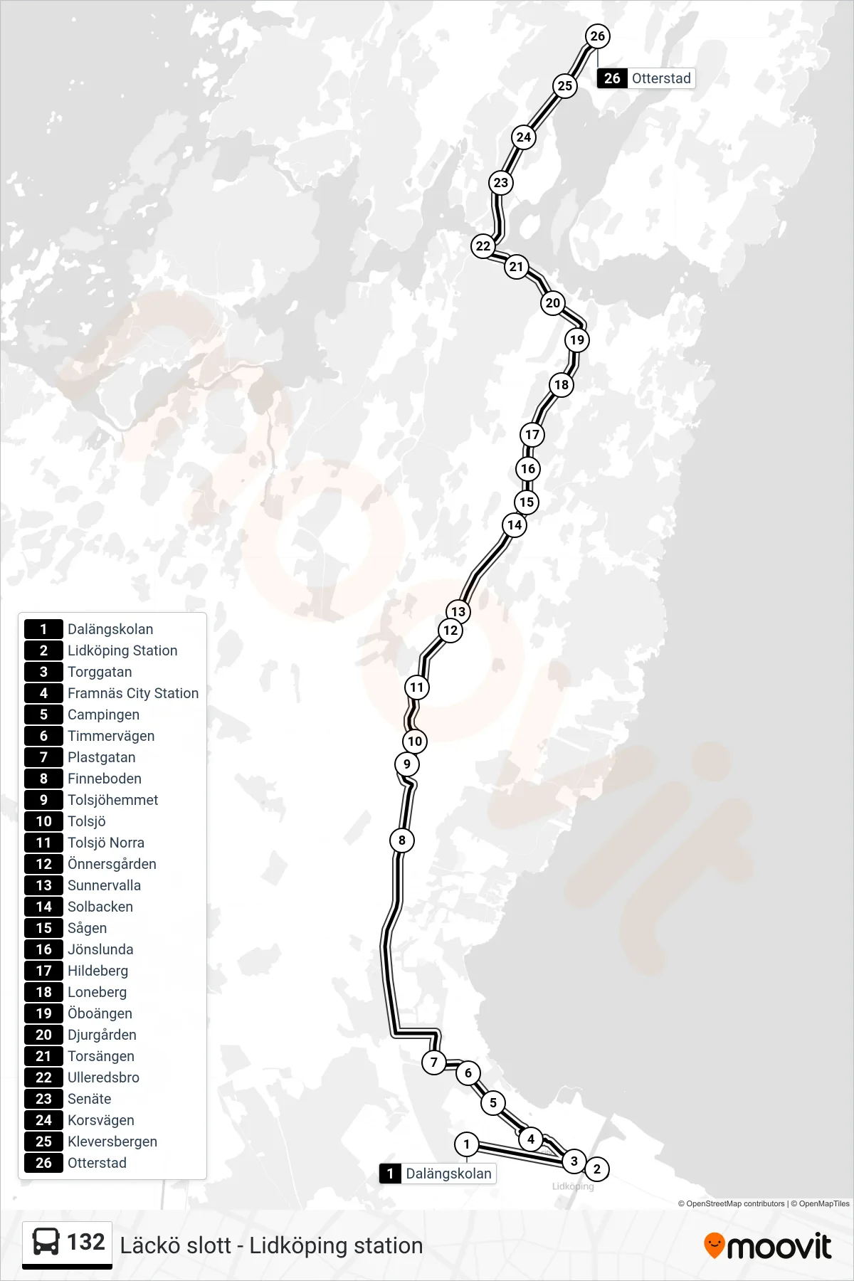 Rutt och hållplatser på karta för linje 132  spårvagn, (Otterstad)