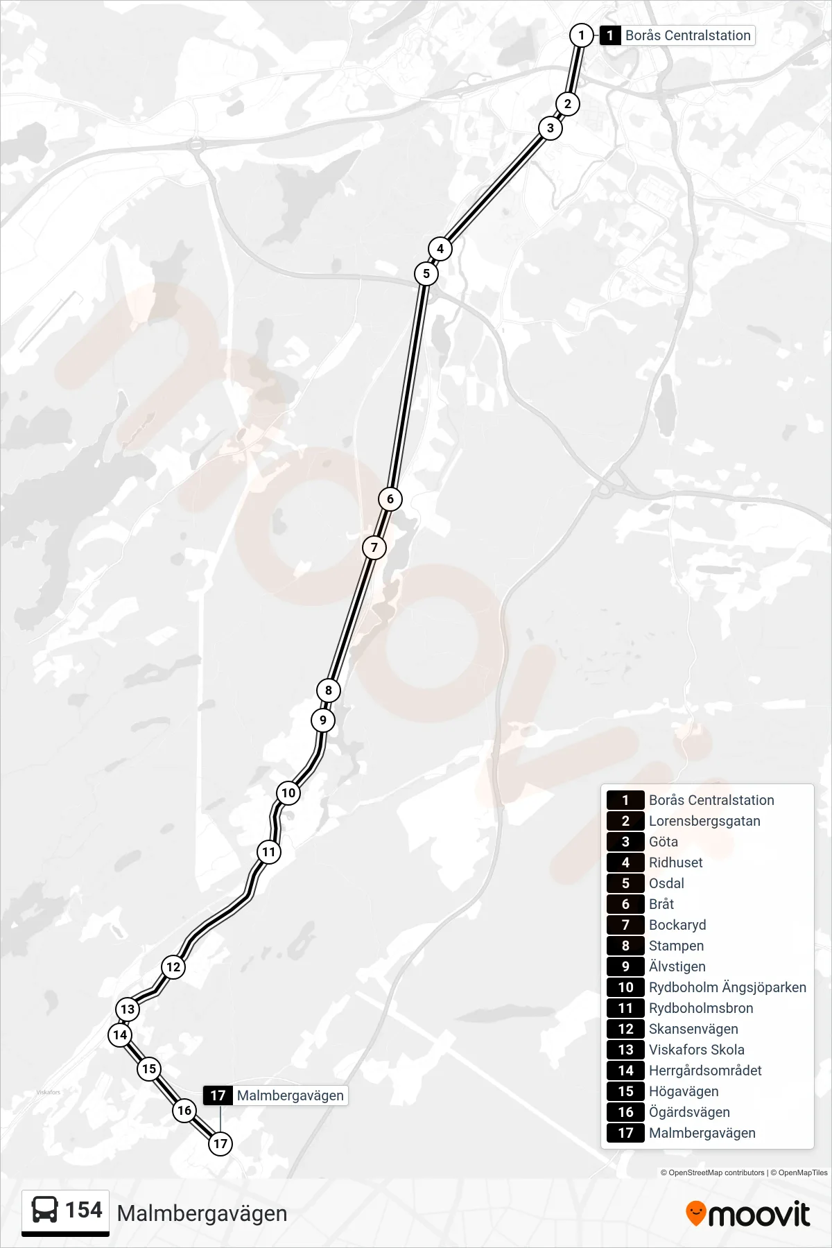 Rutt och hållplatser på karta för linje 154 spårvagn, (Malmbergavägen)