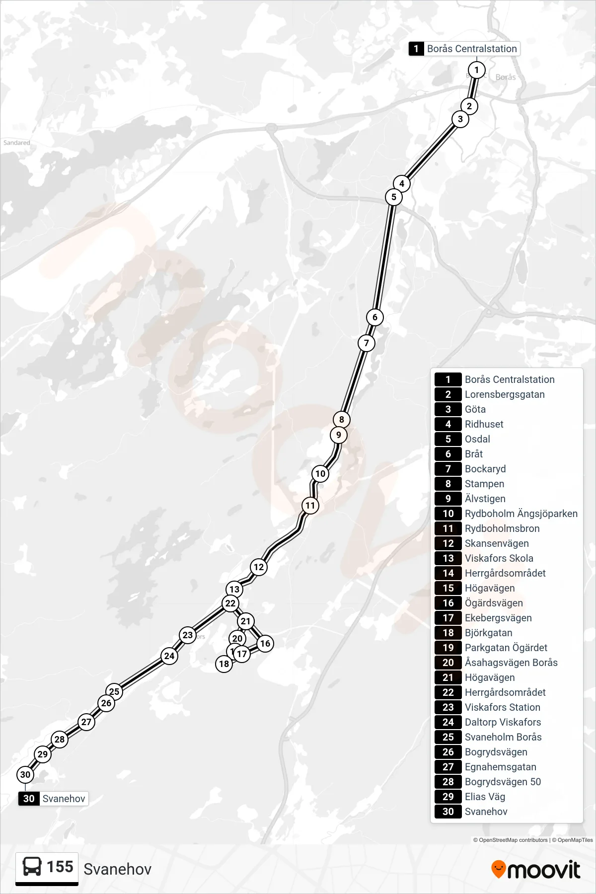 Rutt och hållplatser på karta för linje 155 spårvagn, (Svanehov)