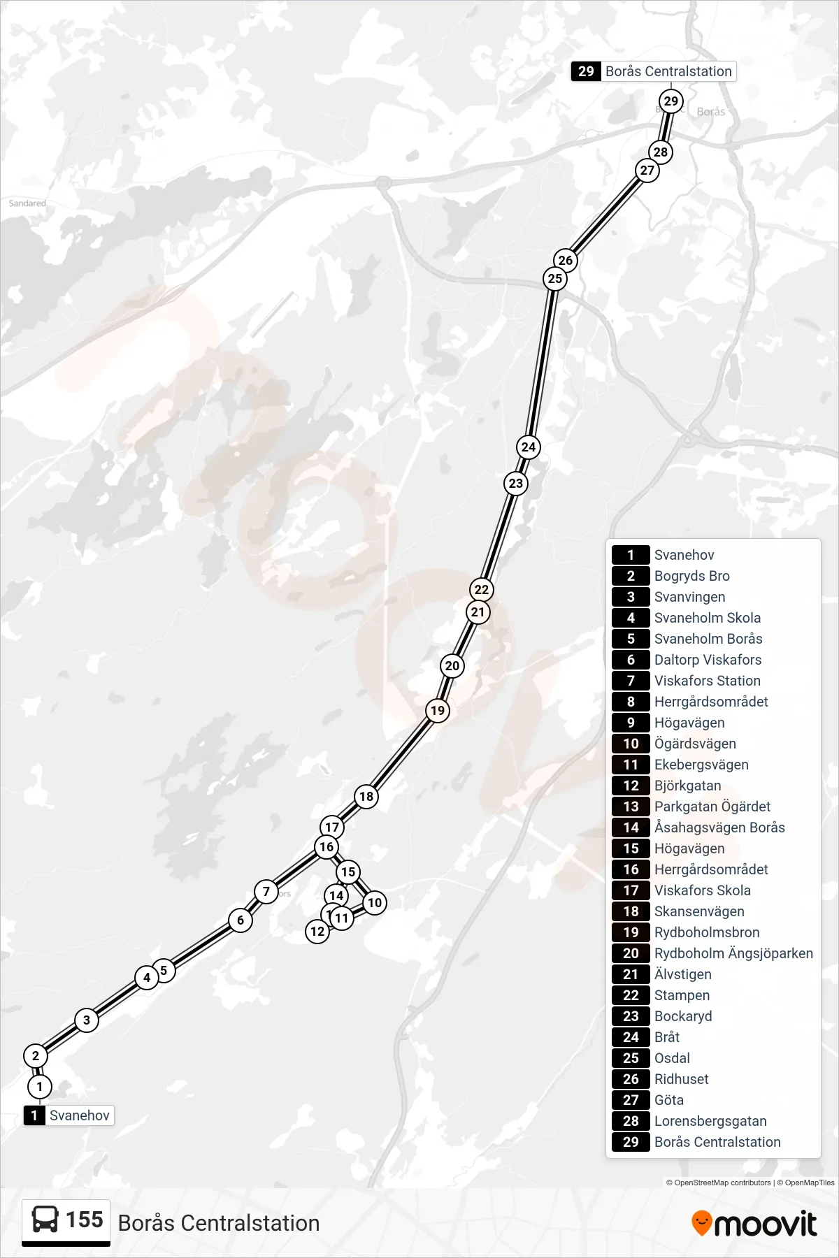 Rutt och hållplatser på karta för linje 155 spårvagn, (Borås Centralstation)