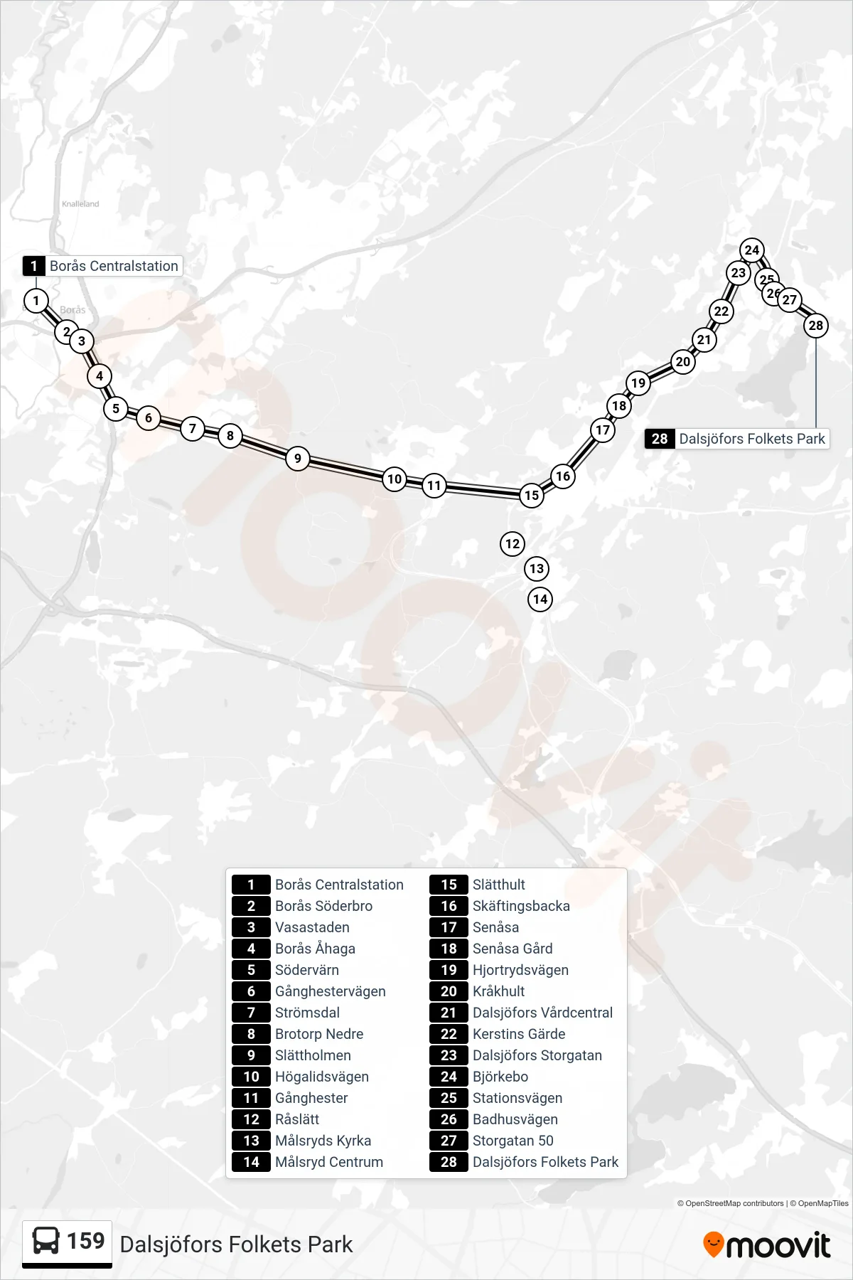 Rutt och hållplatser på karta för linje 159  spårvagn, (Dalsjöfors Folkets Park)