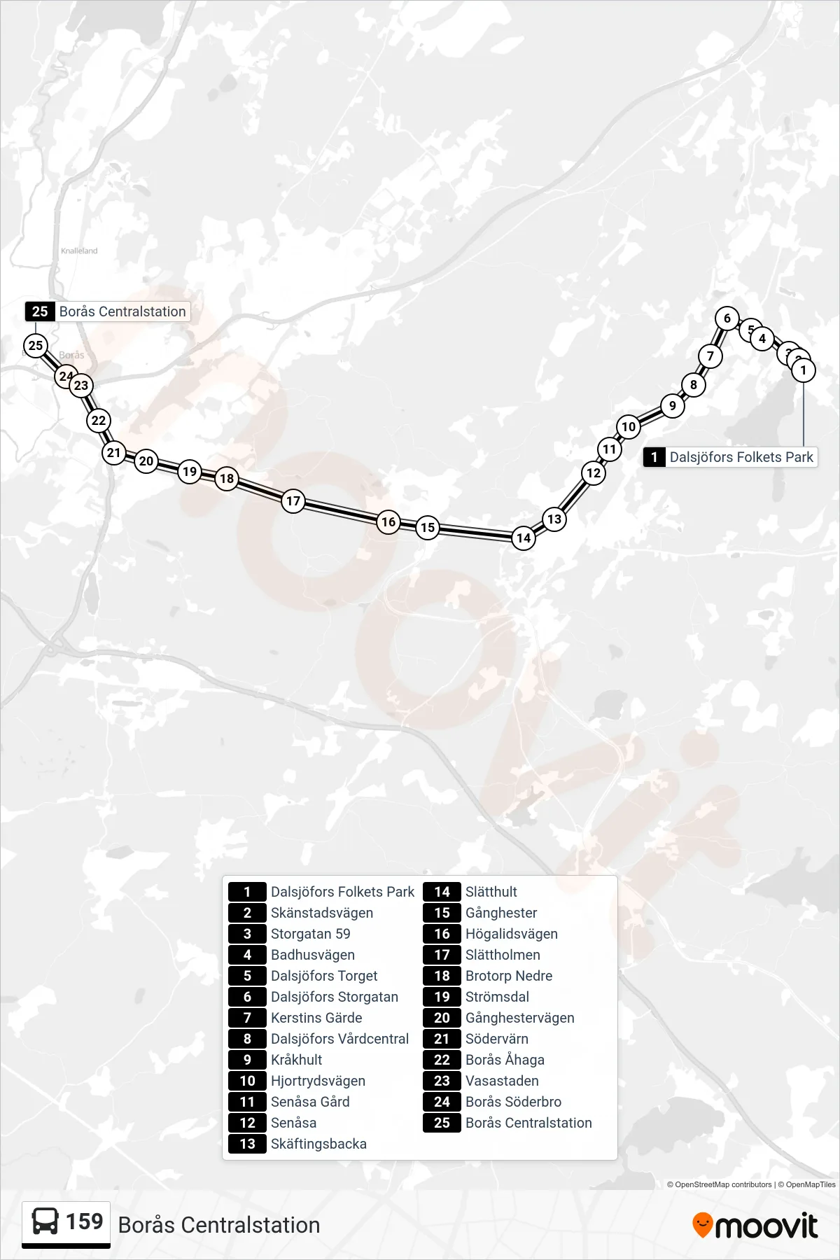 Rutt och hållplatser på karta för linje 159 spårvagn, (Borås Centralstation)