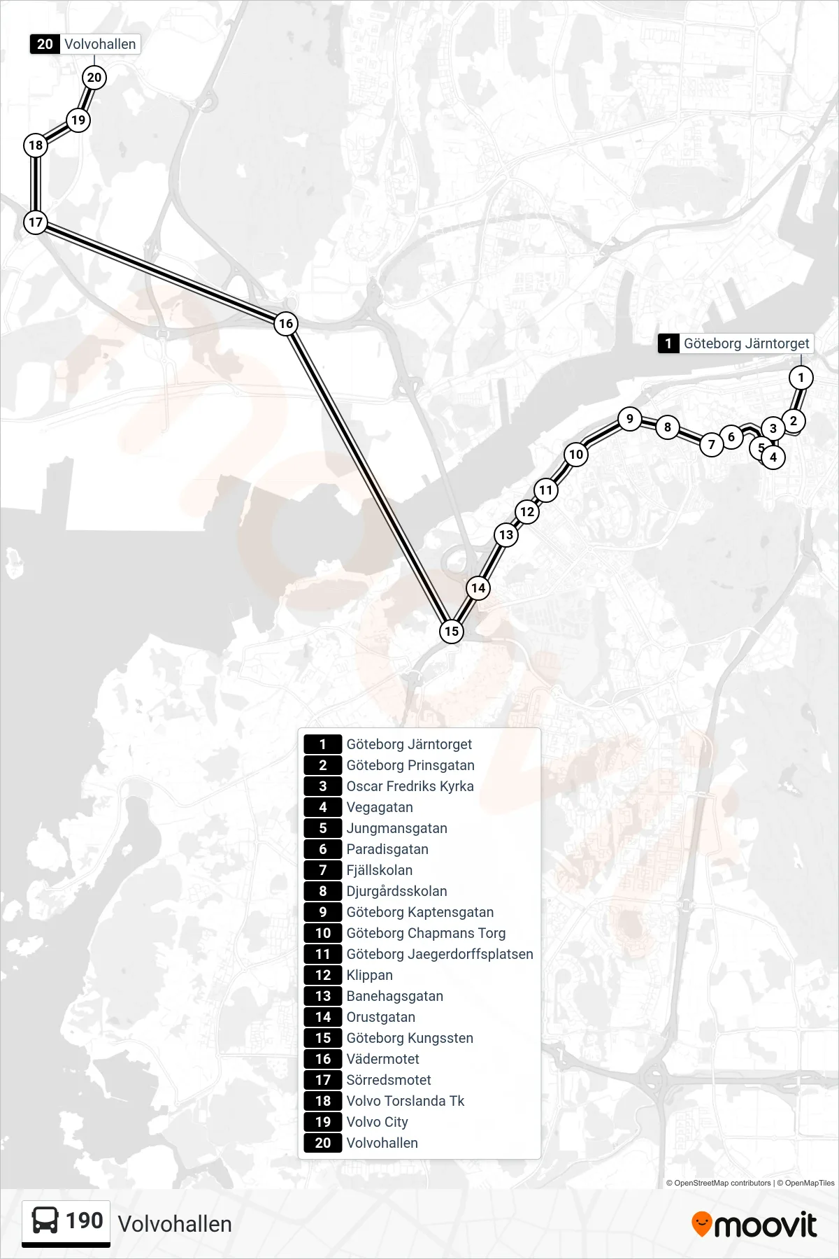 Rutt och hållplatser på karta för linje 190 spårvagn, (Volvohallen)