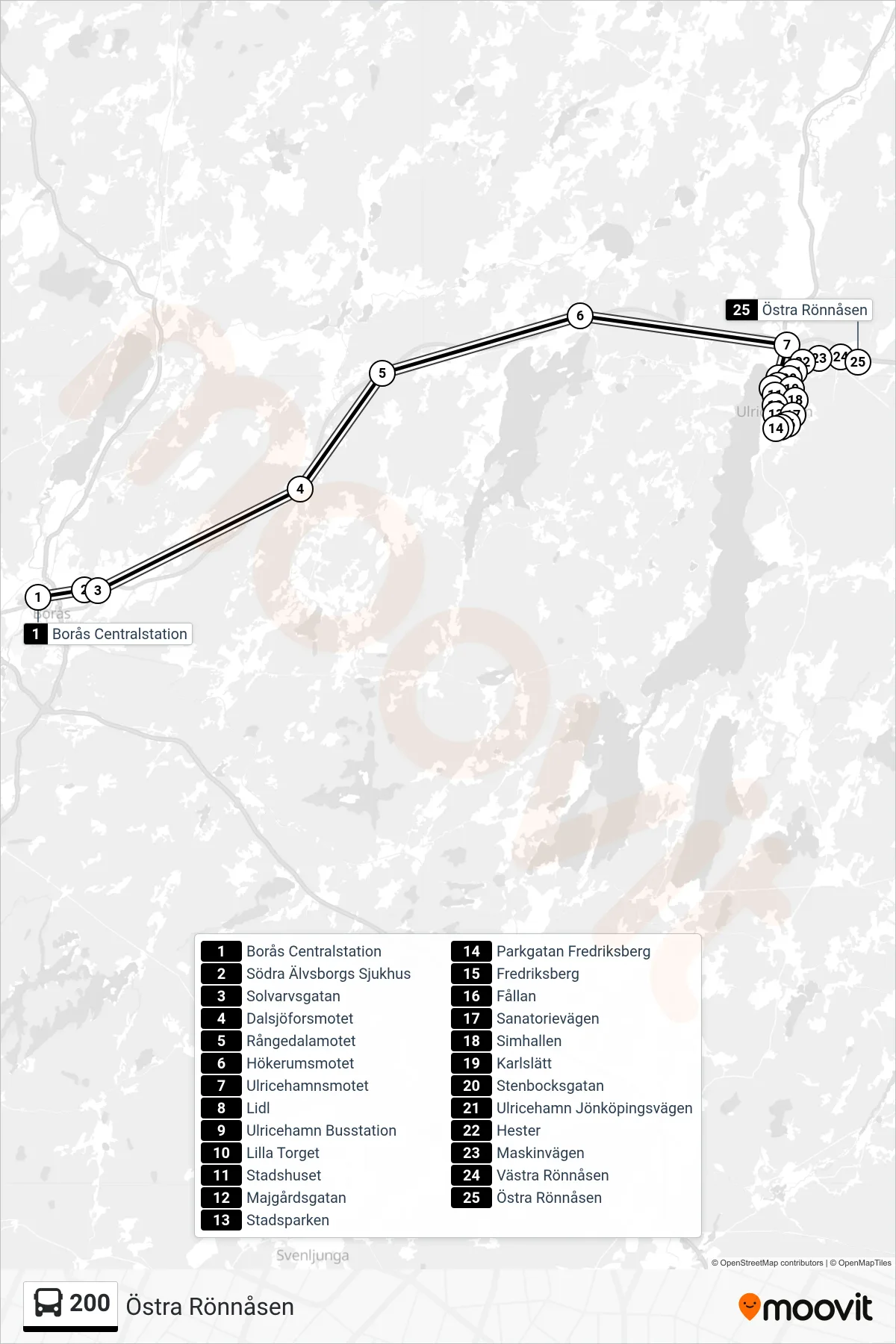 Rutt och hållplatser på karta för linje 200  spårvagn, (Östra Rönnåsen)