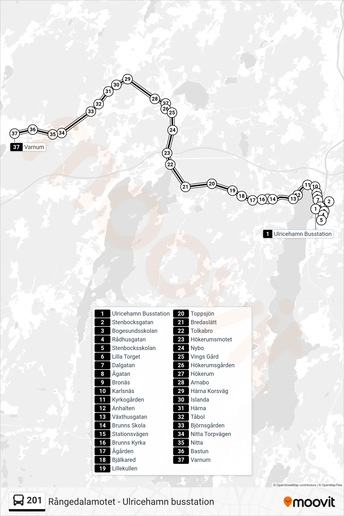 Rutt och hållplatser på karta för linje 201  spårvagn, (Varnum)