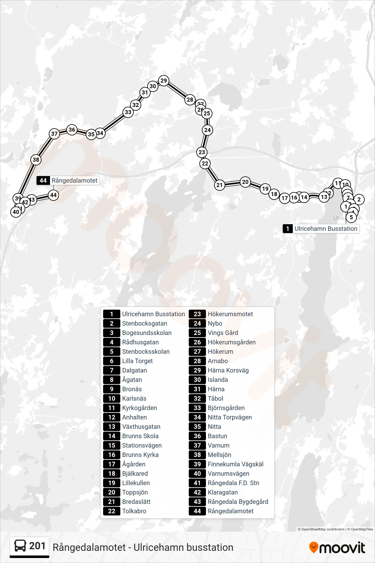 Rutt och hållplatser på karta för linje 201 spårvagn, (Rångedalamotet)