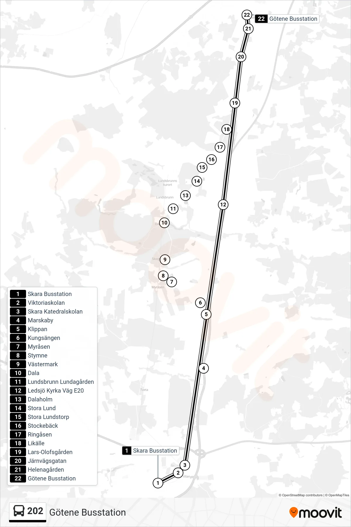 Rutt och hållplatser på karta för linje 202 spårvagn, (Götene Busstation)