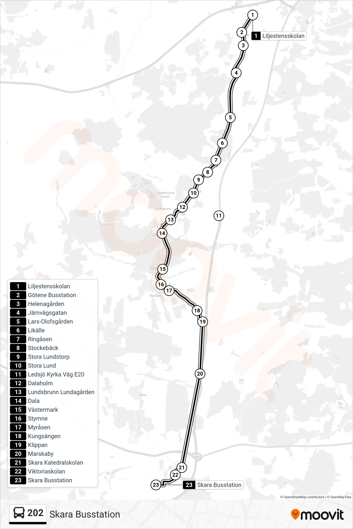 Rutt och hållplatser på karta för linje 202  spårvagn, (Skara Busstation)