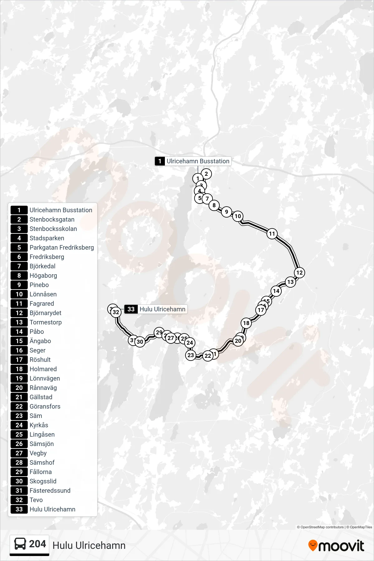Rutt och hållplatser på karta för linje 204 spårvagn, (Hulu Ulricehamn)