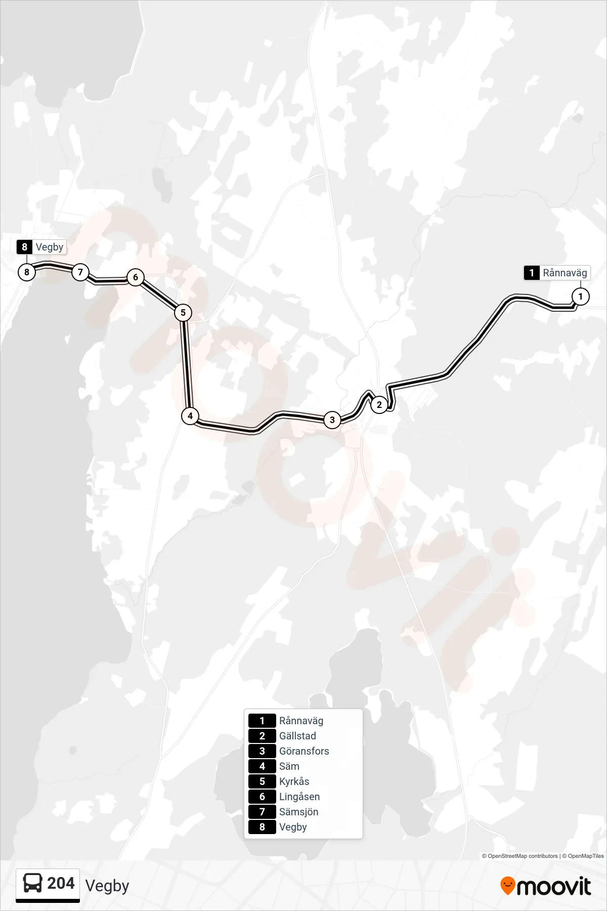 Rutt och hållplatser på karta för linje 204 spårvagn, (Vegby)