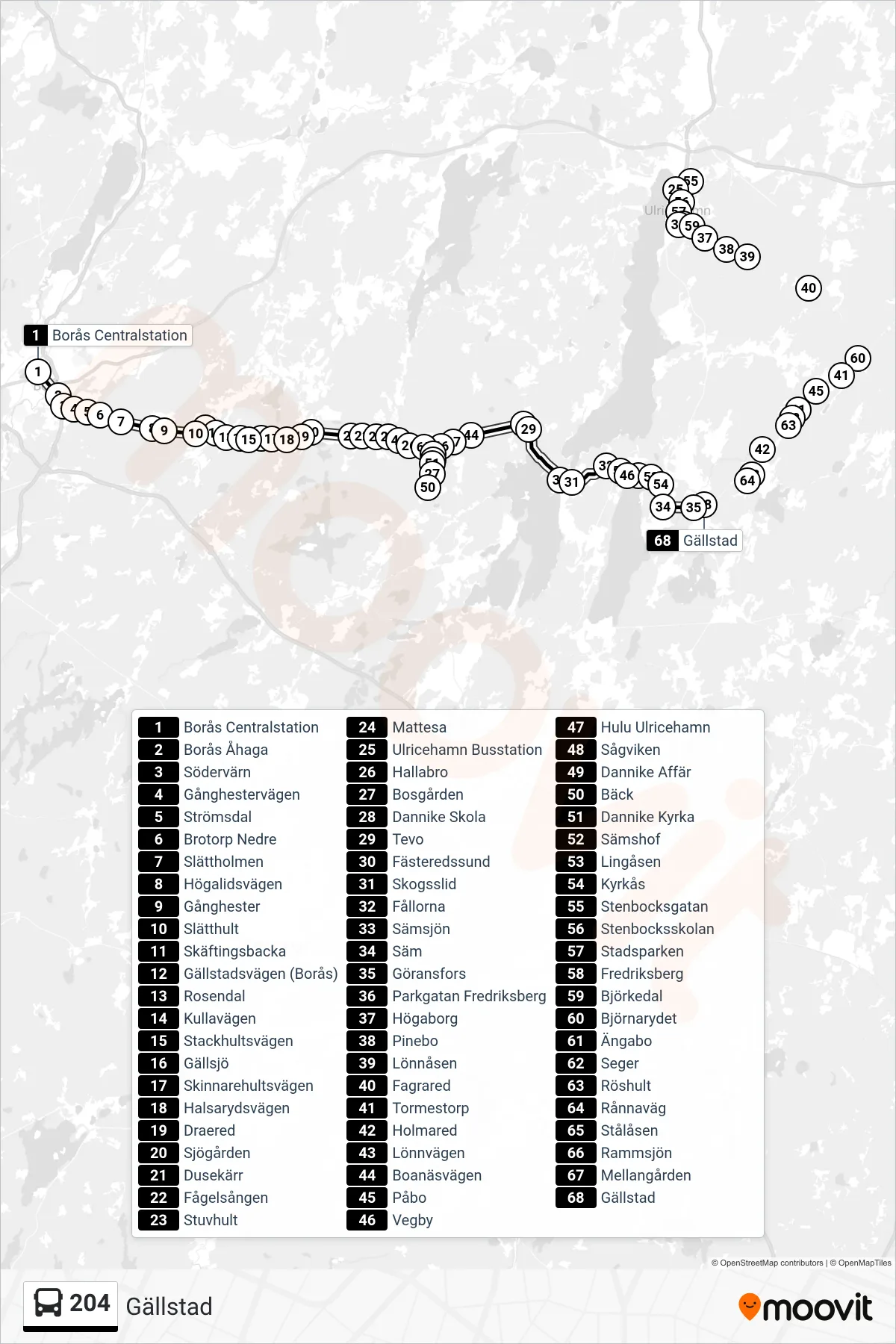 Rutt och hållplatser på karta för linje 204 spårvagn, (Gällstad)