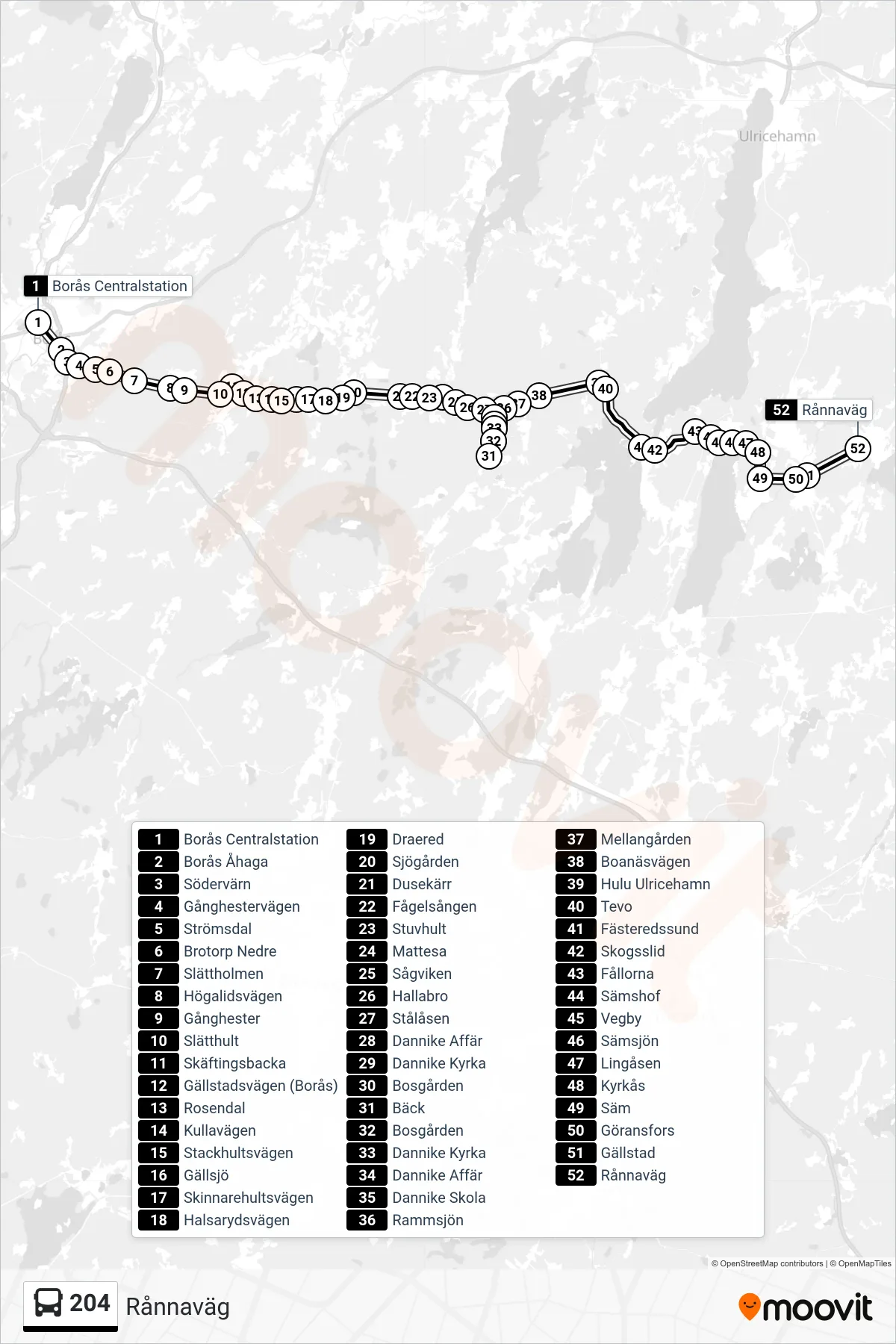 Rutt och hållplatser på karta för linje 204 spårvagn, (Rånnaväg)
