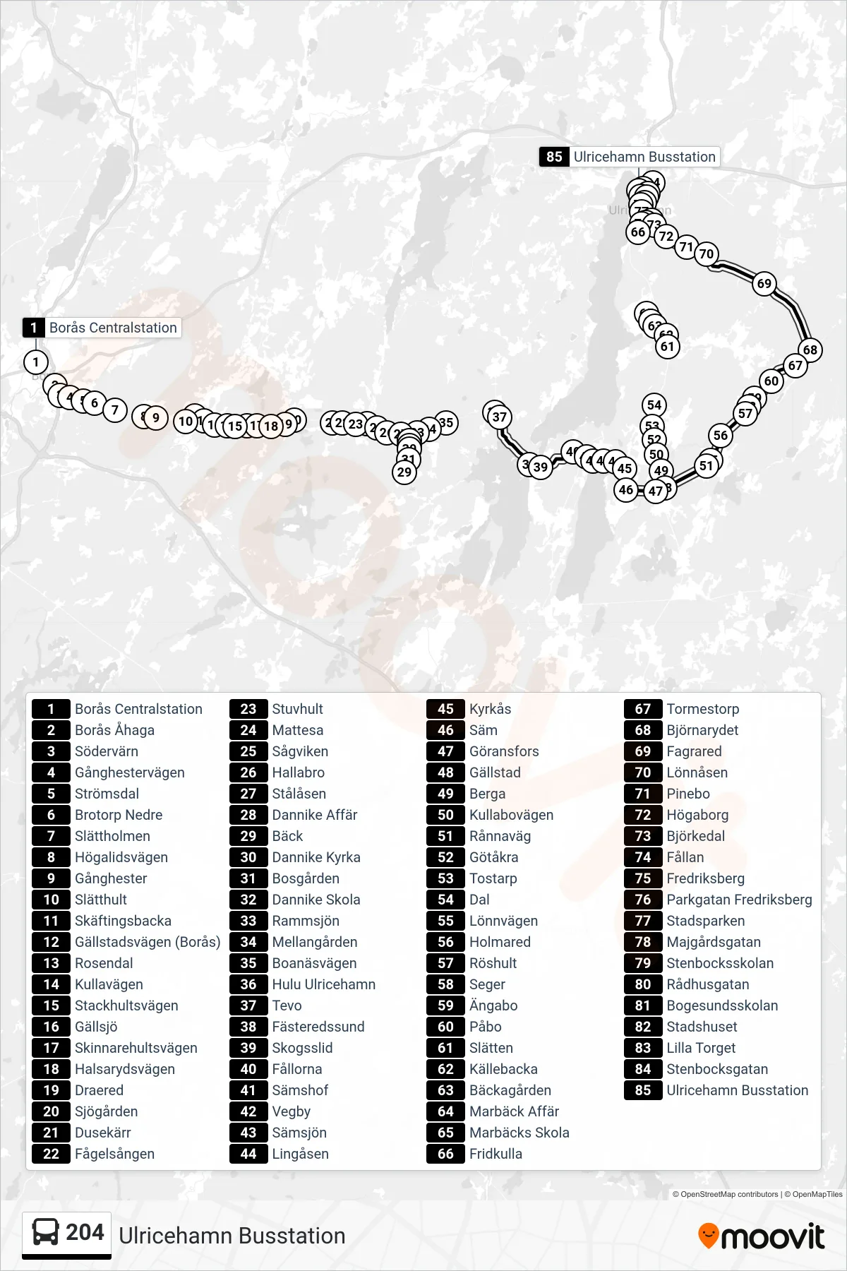Rutt och hållplatser på karta för linje 204  spårvagn, (Ulricehamn Busstation)