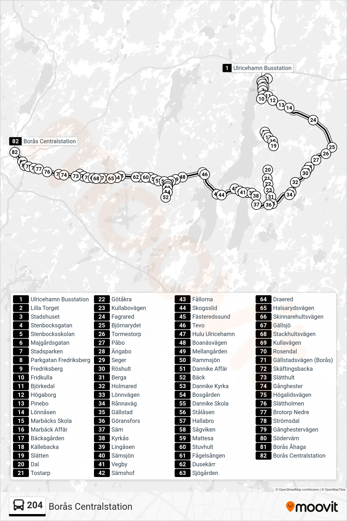 Rutt och hållplatser på karta för linje 204 spårvagn, (Borås Centralstation)