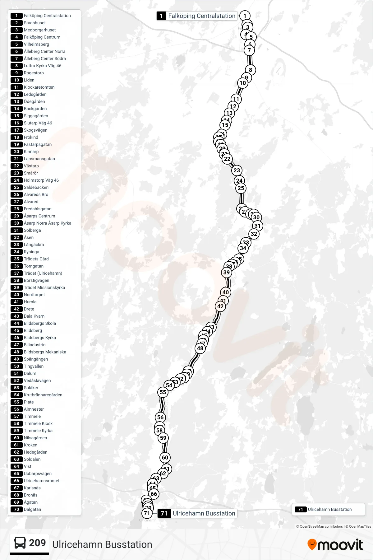 Rutt och hållplatser på karta för linje 209 spårvagn, (Ulricehamn Busstation)